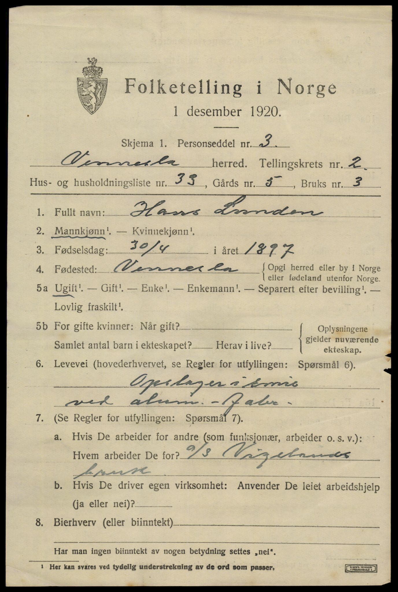 SAK, 1920 census for Vennesla, 1920, p. 1916