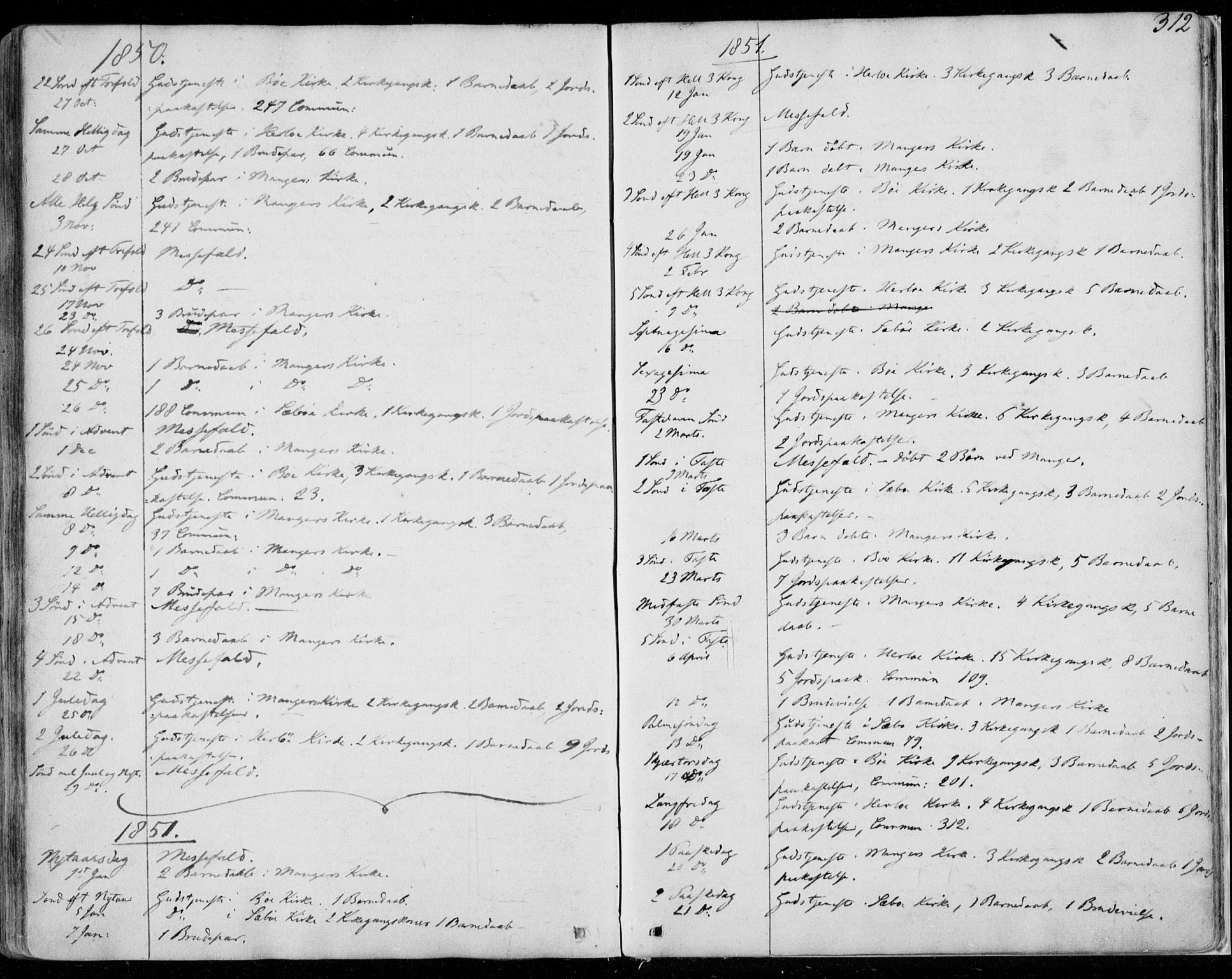 Manger sokneprestembete, AV/SAB-A-76801/H/Haa: Parish register (official) no. A 6, 1849-1859, p. 312