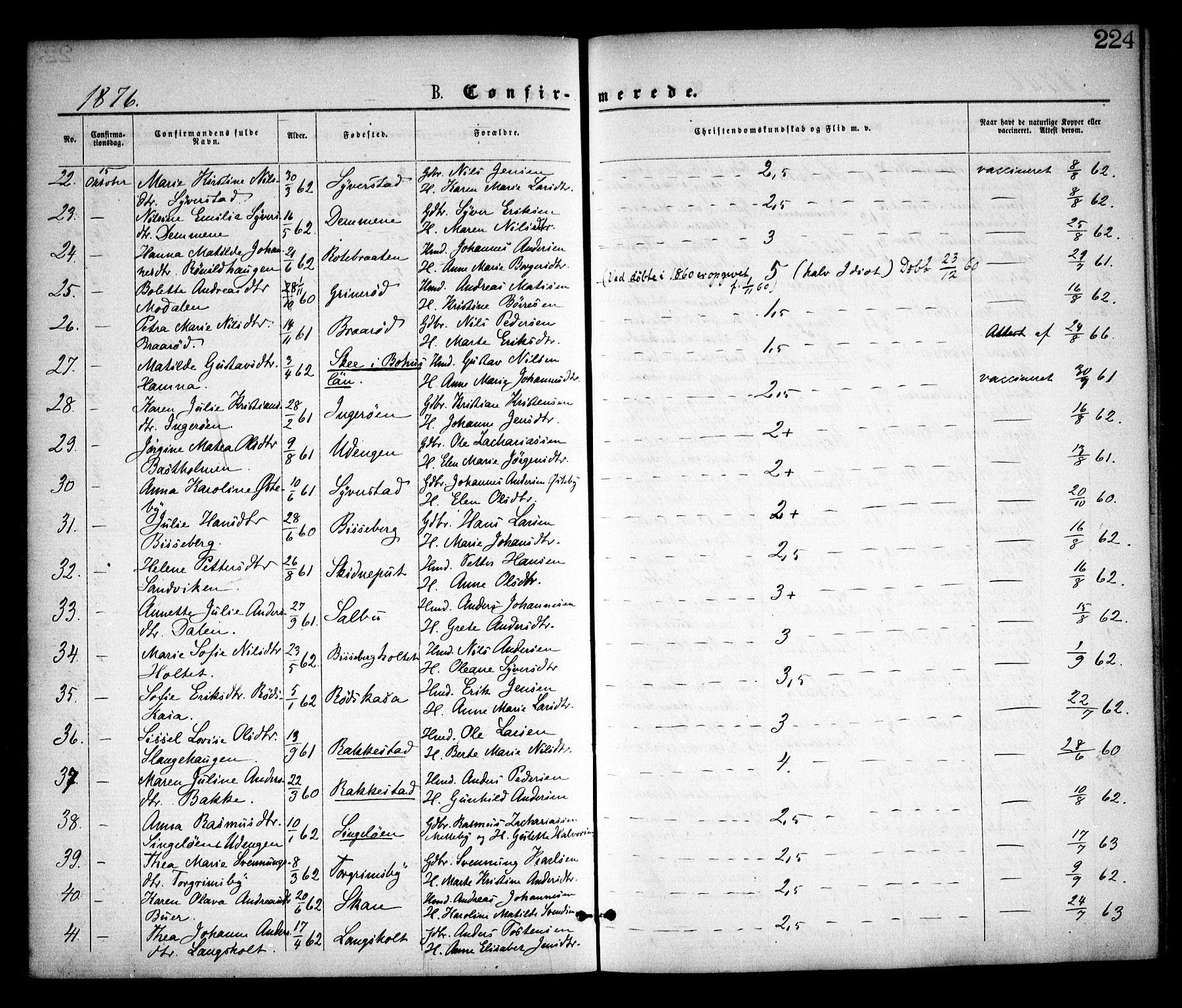 Skjeberg prestekontor Kirkebøker, AV/SAO-A-10923/F/Fa/L0008: Parish register (official) no. I 8, 1869-1885, p. 224