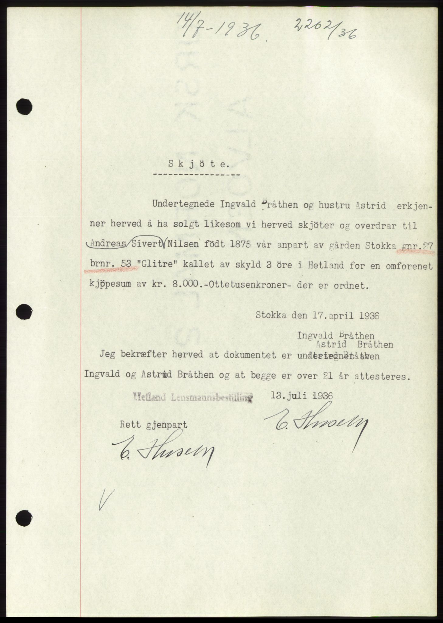 Jæren sorenskriveri, AV/SAST-A-100310/03/G/Gba/L0066: Mortgage book no. 71-72, 1936-1936, Diary no: : 2202/1936