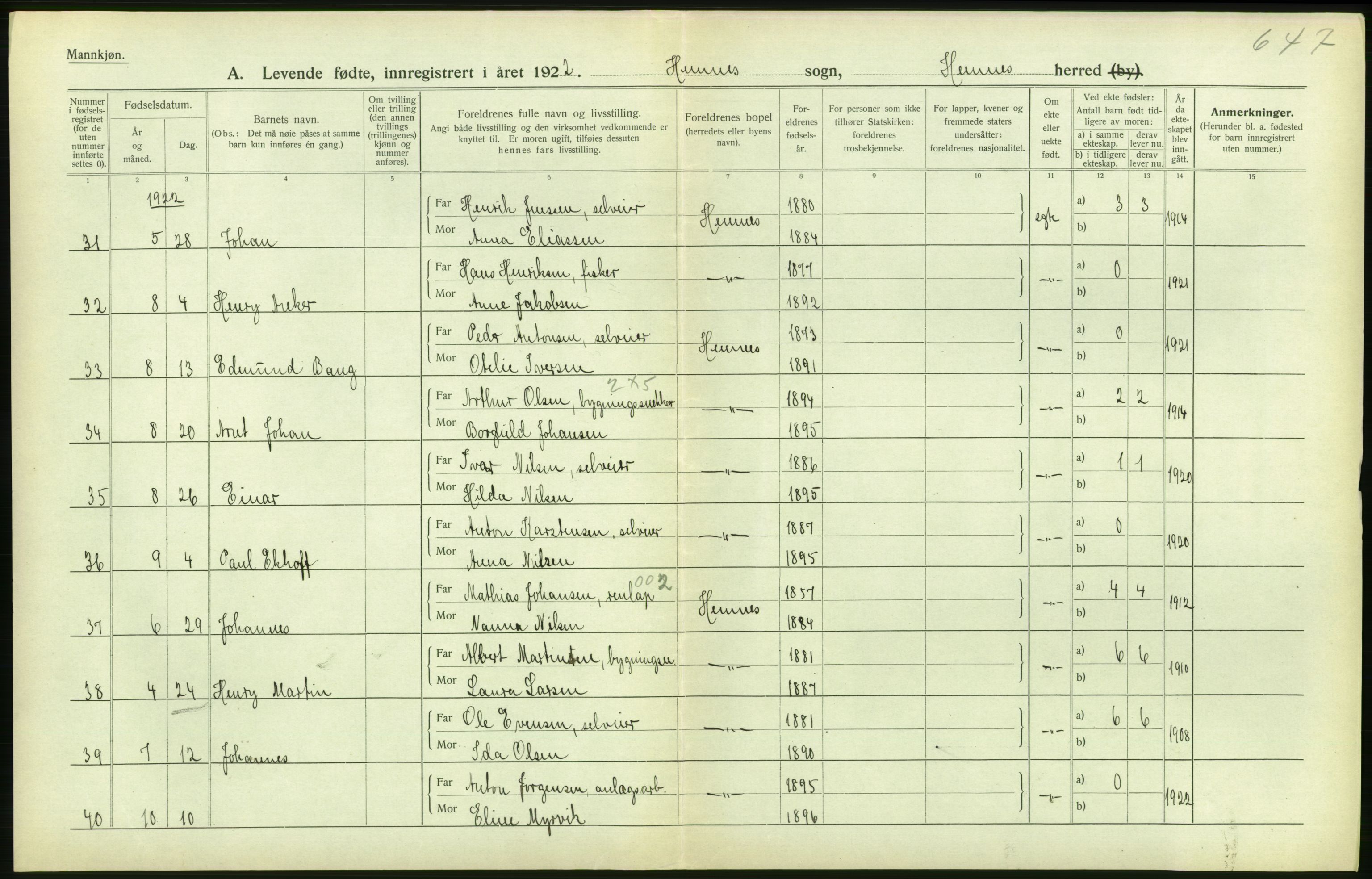 Statistisk sentralbyrå, Sosiodemografiske emner, Befolkning, RA/S-2228/D/Df/Dfc/Dfcb/L0044: Nordland fylke: Levendefødte menn og kvinner. Bygder og byer., 1922, p. 242