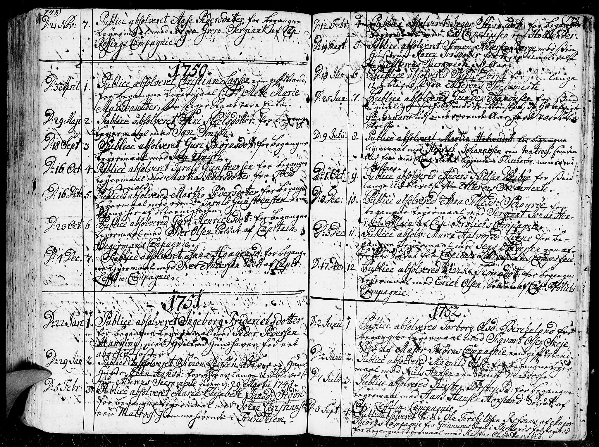 Kristiansand domprosti, SAK/1112-0006/F/Fa/L0001: Parish register (official) no. A 1, 1734-1793, p. 748-749
