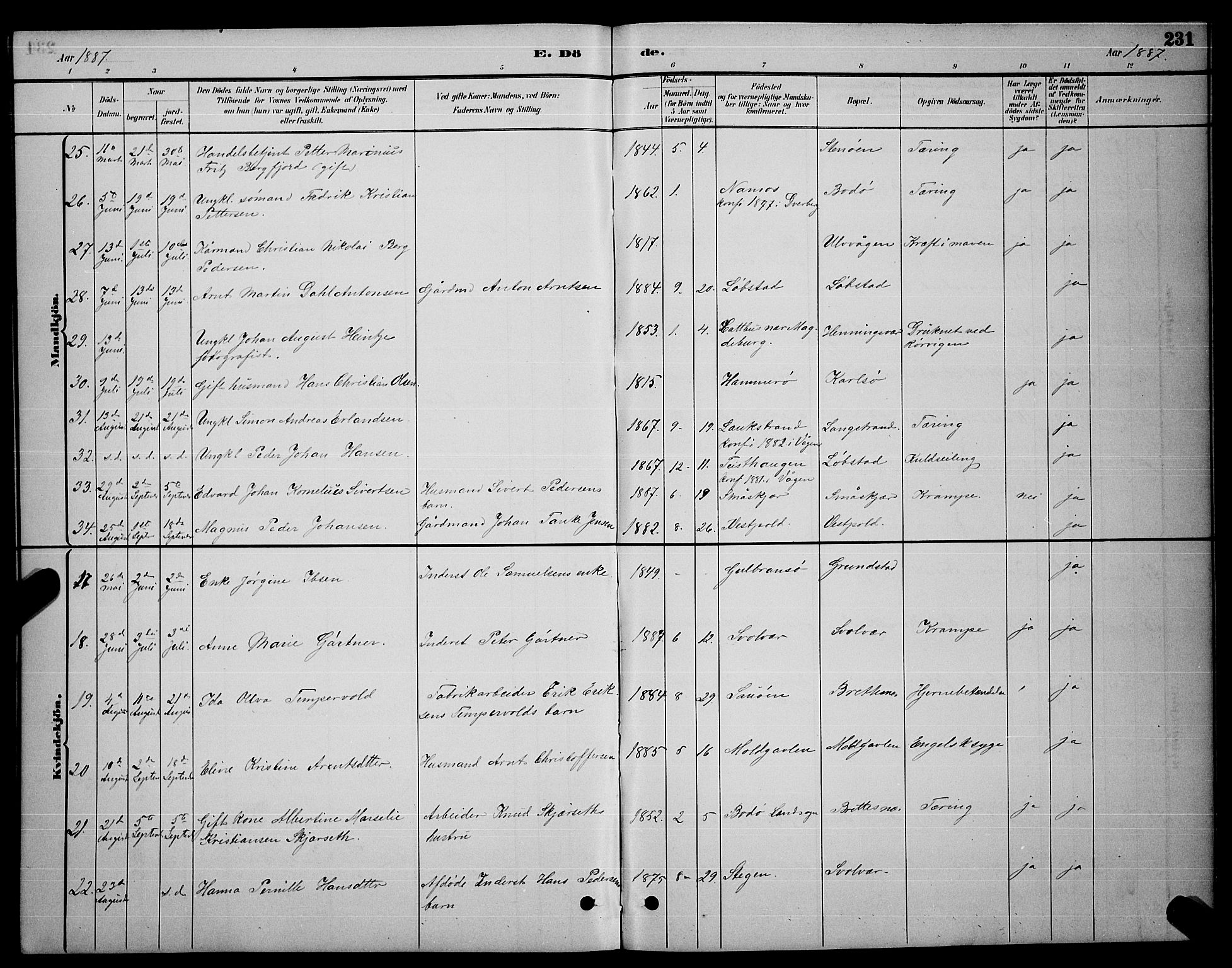 Ministerialprotokoller, klokkerbøker og fødselsregistre - Nordland, AV/SAT-A-1459/874/L1076: Parish register (copy) no. 874C05, 1884-1890, p. 231