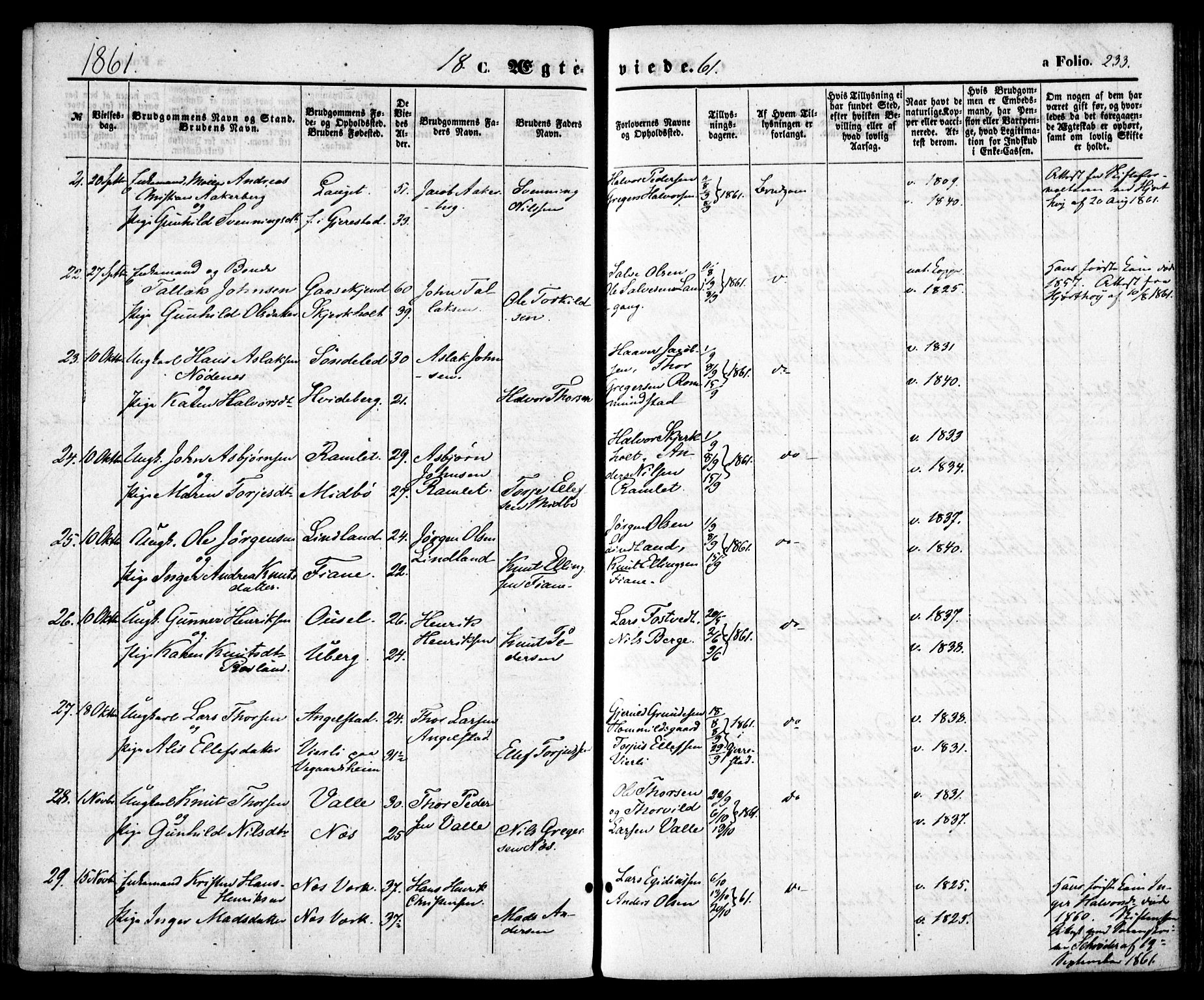 Holt sokneprestkontor, AV/SAK-1111-0021/F/Fa/L0009: Parish register (official) no. A 9, 1861-1871, p. 233