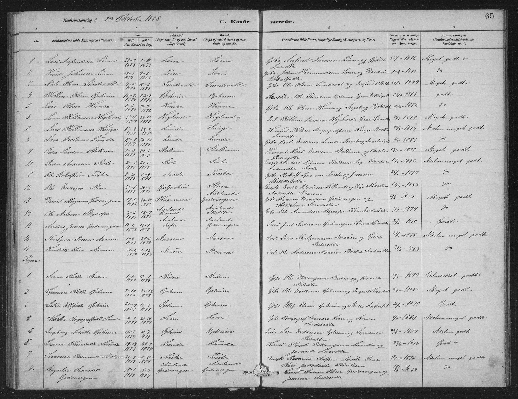 Vossestrand Sokneprestembete, SAB/A-79101/H/Hab: Parish register (copy) no. A 2, 1880-1902, p. 65