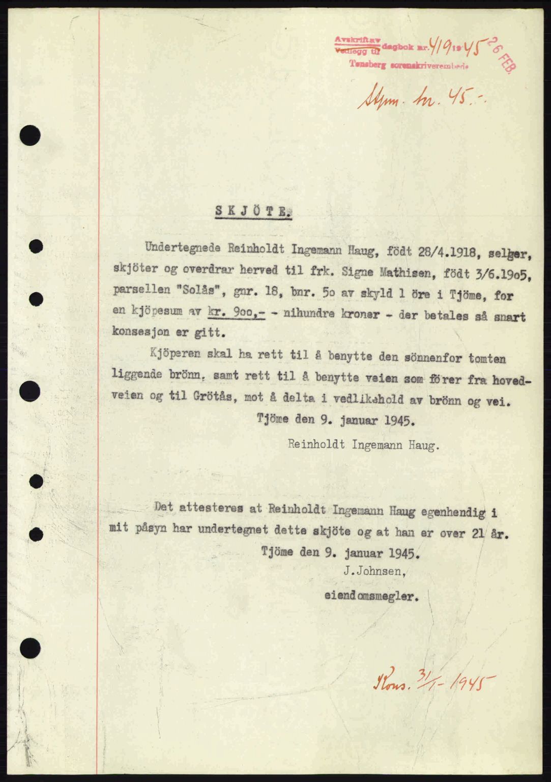 Tønsberg sorenskriveri, AV/SAKO-A-130/G/Ga/Gaa/L0016: Mortgage book no. A16, 1944-1945, Diary no: : 419/1945