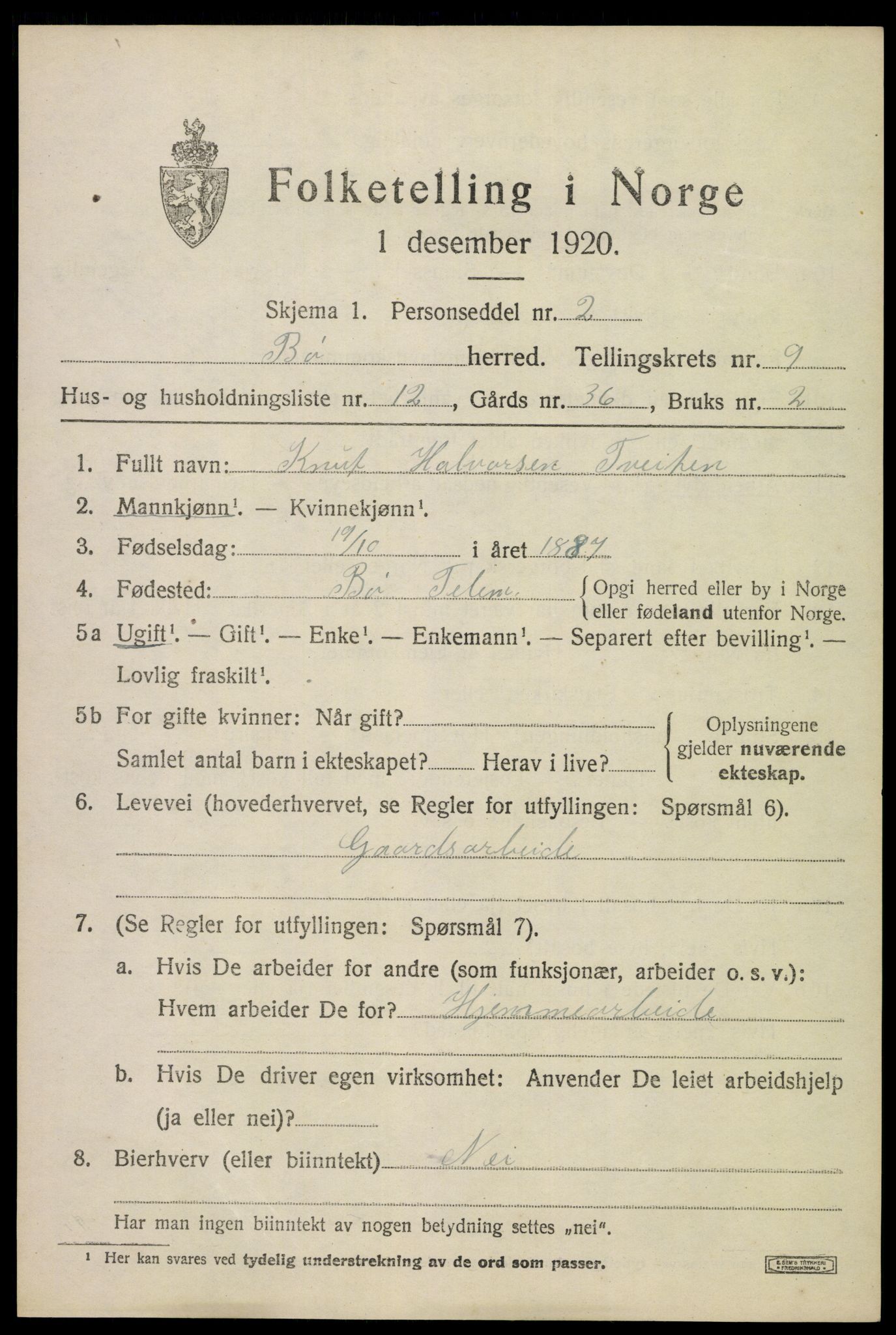 SAKO, 1920 census for Bø (Telemark), 1920, p. 6536