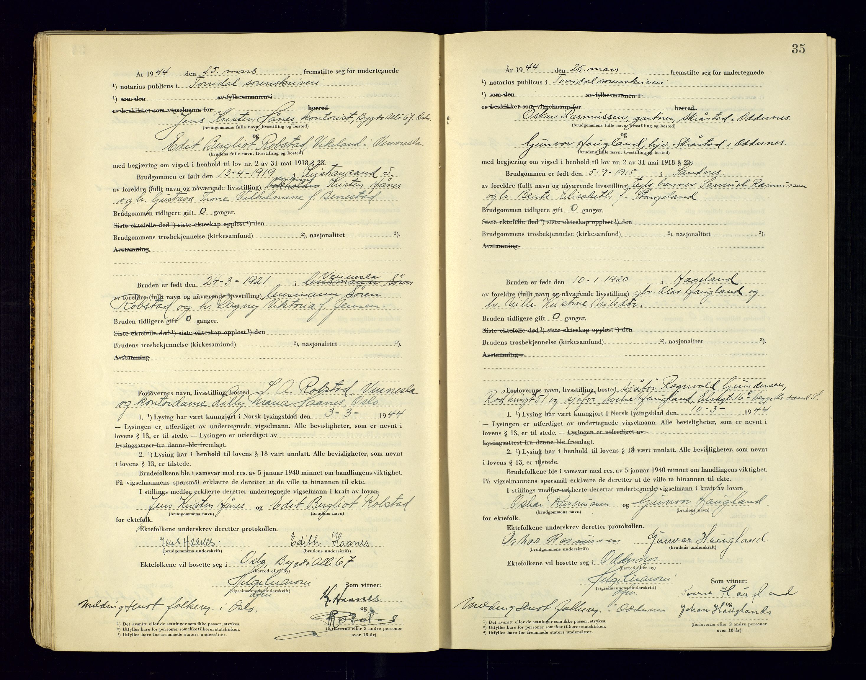 Torridal sorenskriveri, AV/SAK-1221-0012/L/Ld/L0004: Vigselbok nr. 2, 1943-1946, p. 35