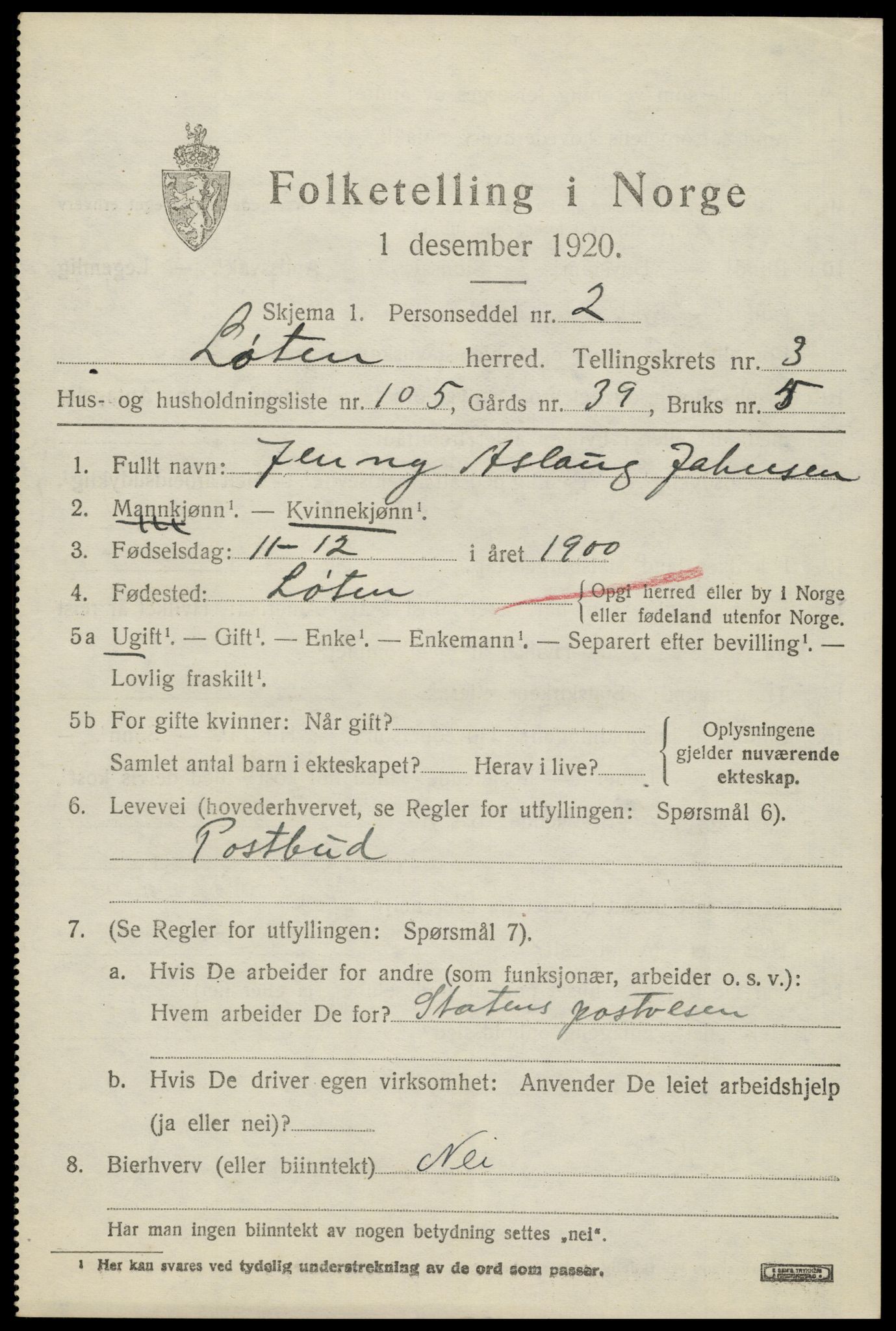 SAH, 1920 census for Løten, 1920, p. 8437