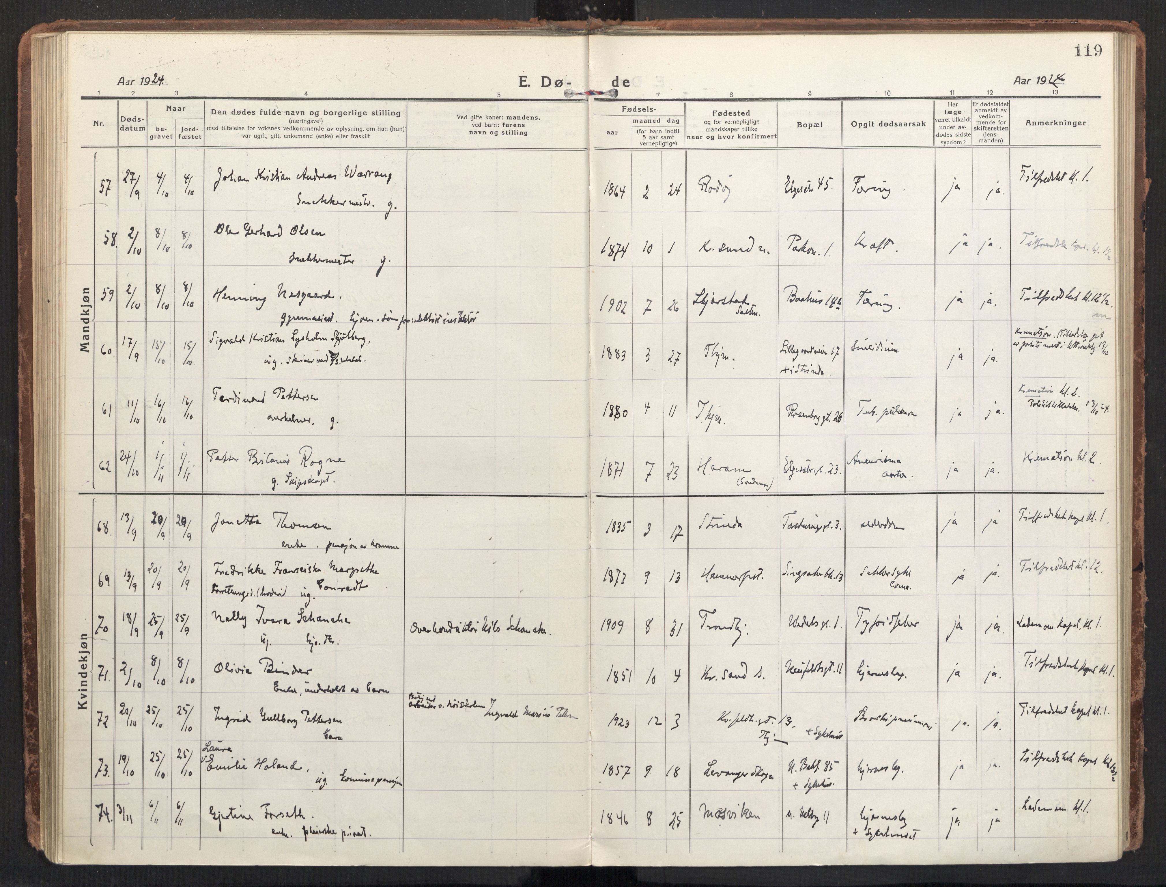 Ministerialprotokoller, klokkerbøker og fødselsregistre - Sør-Trøndelag, AV/SAT-A-1456/604/L0207: Parish register (official) no. 604A27, 1917-1933, p. 119