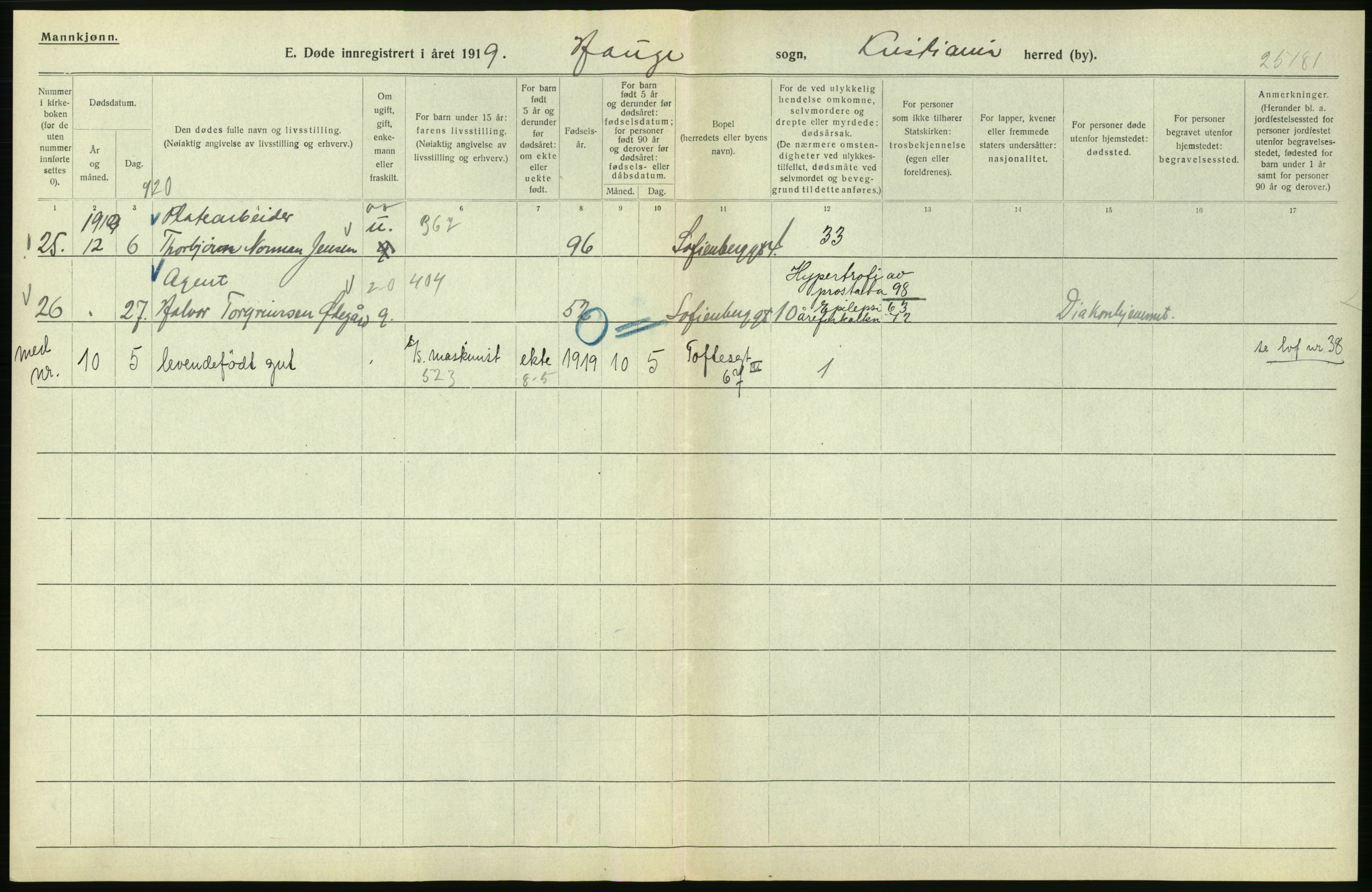 Statistisk sentralbyrå, Sosiodemografiske emner, Befolkning, AV/RA-S-2228/D/Df/Dfb/Dfbi/L0010: Kristiania: Døde, 1919, p. 196