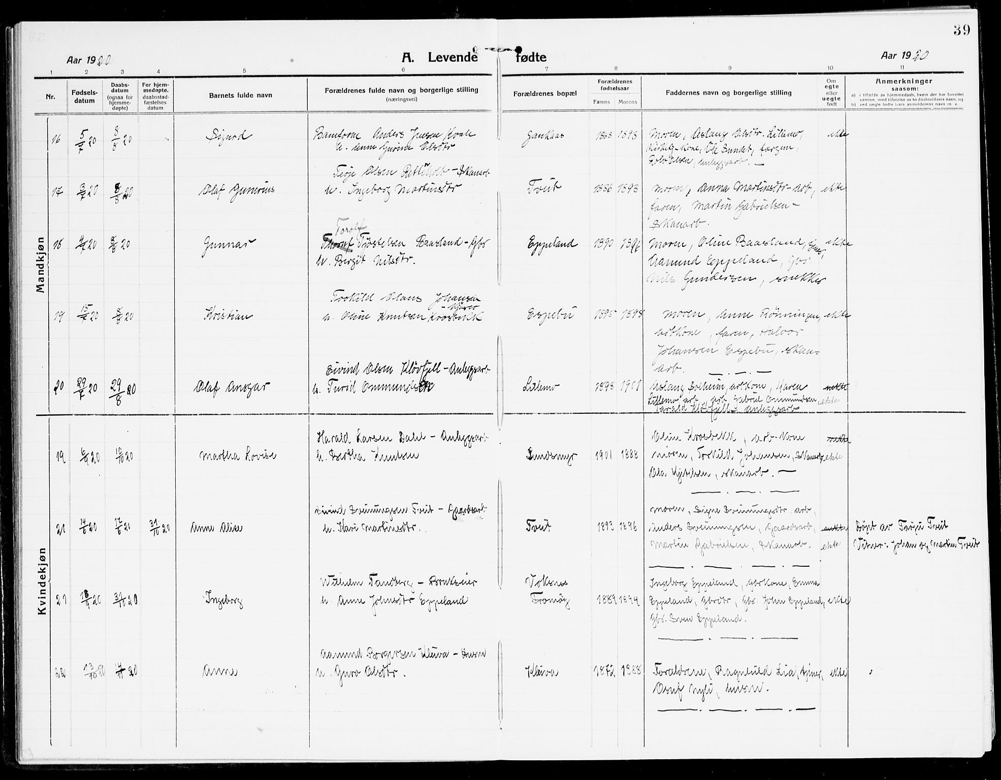 Åmli sokneprestkontor, AV/SAK-1111-0050/F/Fa/Fac/L0013: Parish register (official) no. A 13, 1914-1933, p. 39