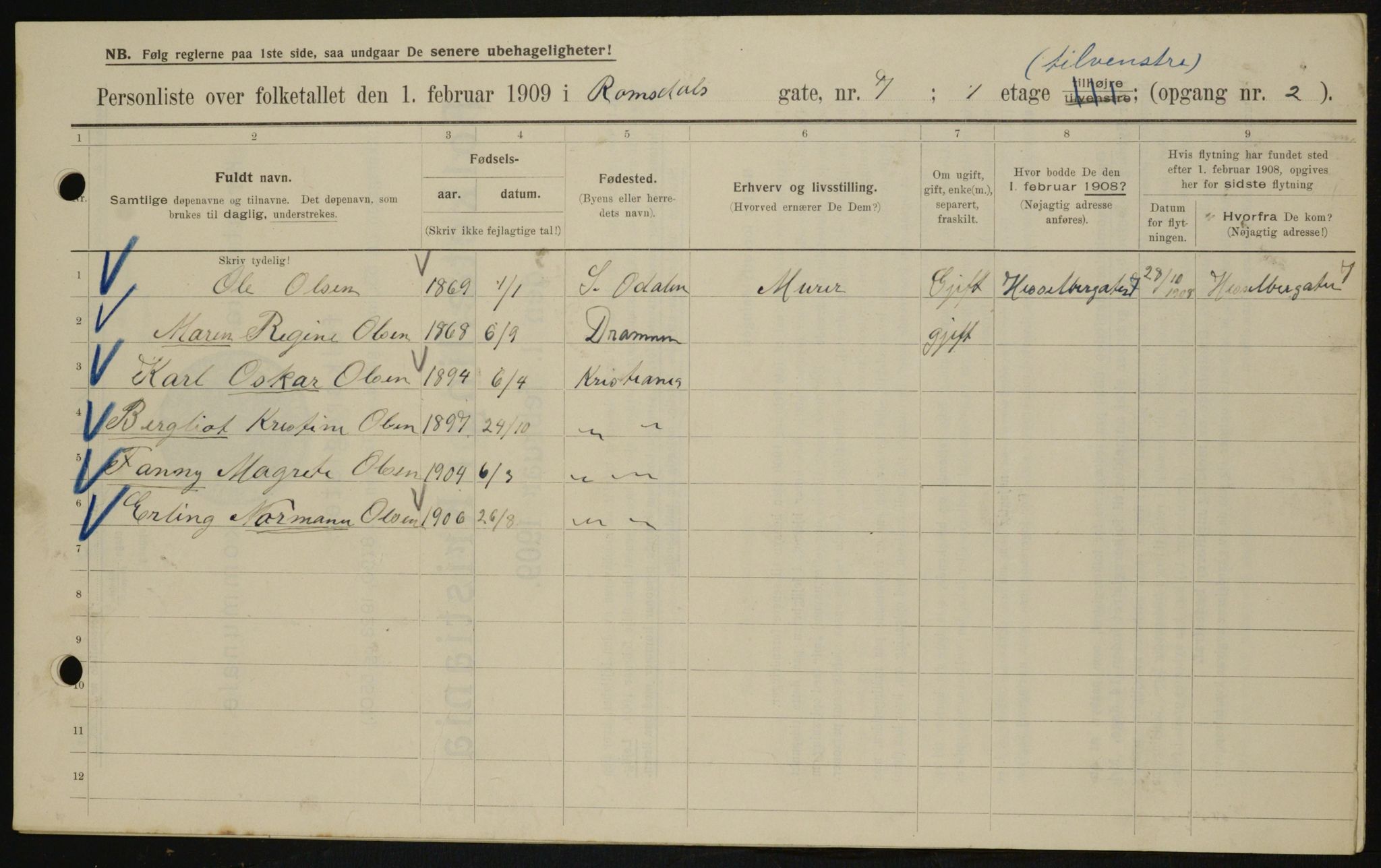 OBA, Municipal Census 1909 for Kristiania, 1909, p. 75485