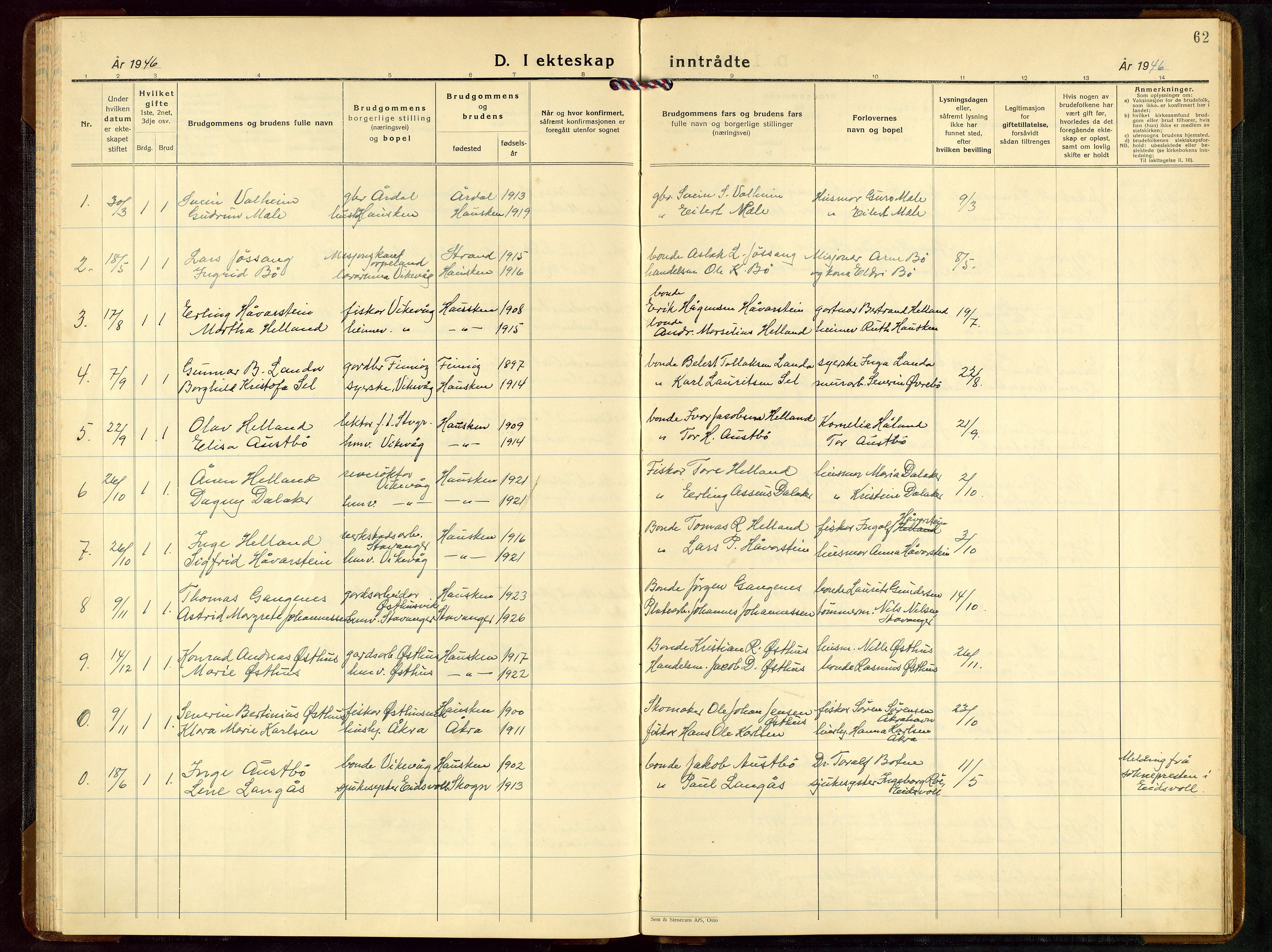 Rennesøy sokneprestkontor, AV/SAST-A -101827/H/Ha/Hab/L0018: Parish register (copy) no. B 17, 1938-1952, p. 62