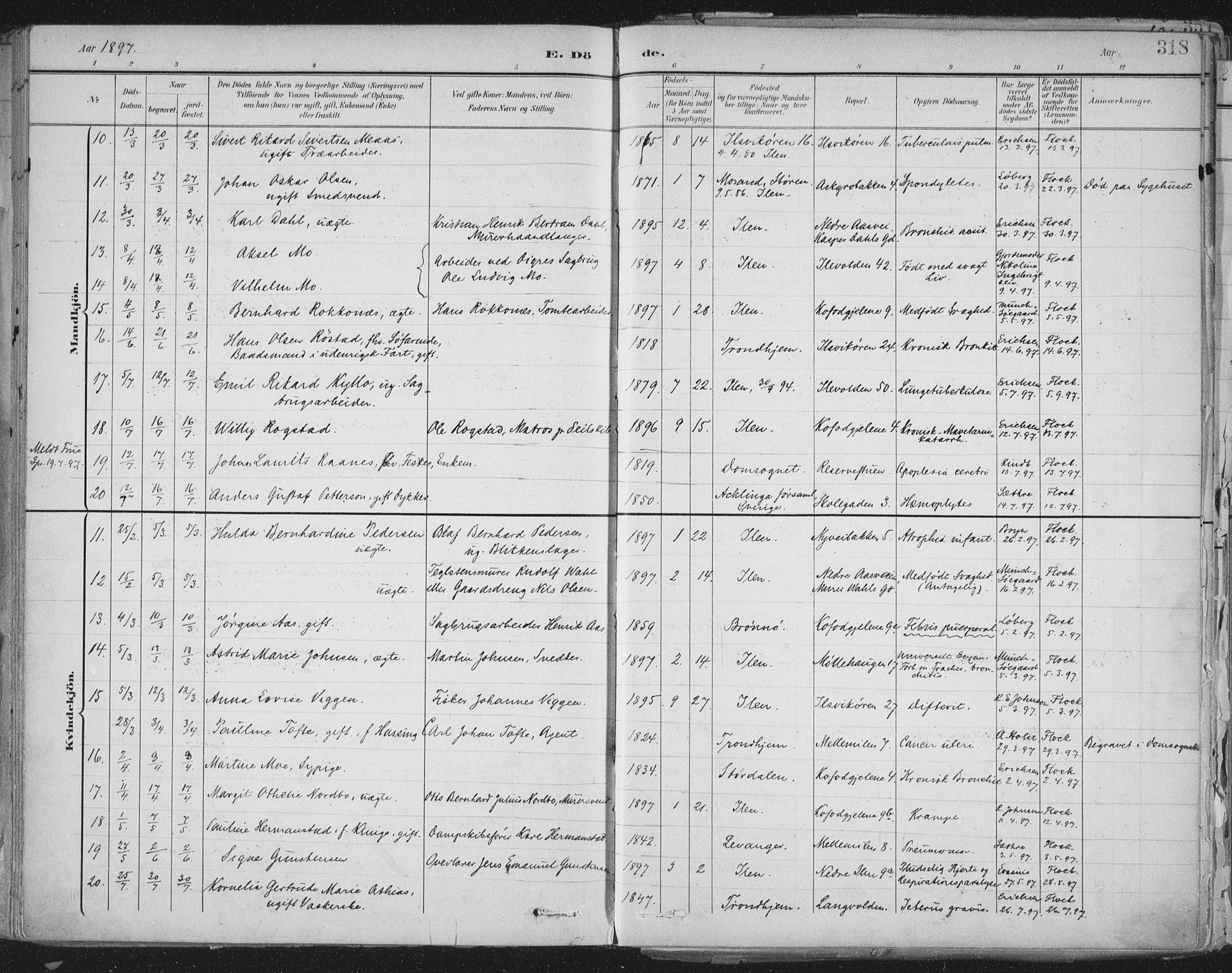 Ministerialprotokoller, klokkerbøker og fødselsregistre - Sør-Trøndelag, AV/SAT-A-1456/603/L0167: Parish register (official) no. 603A06, 1896-1932, p. 318