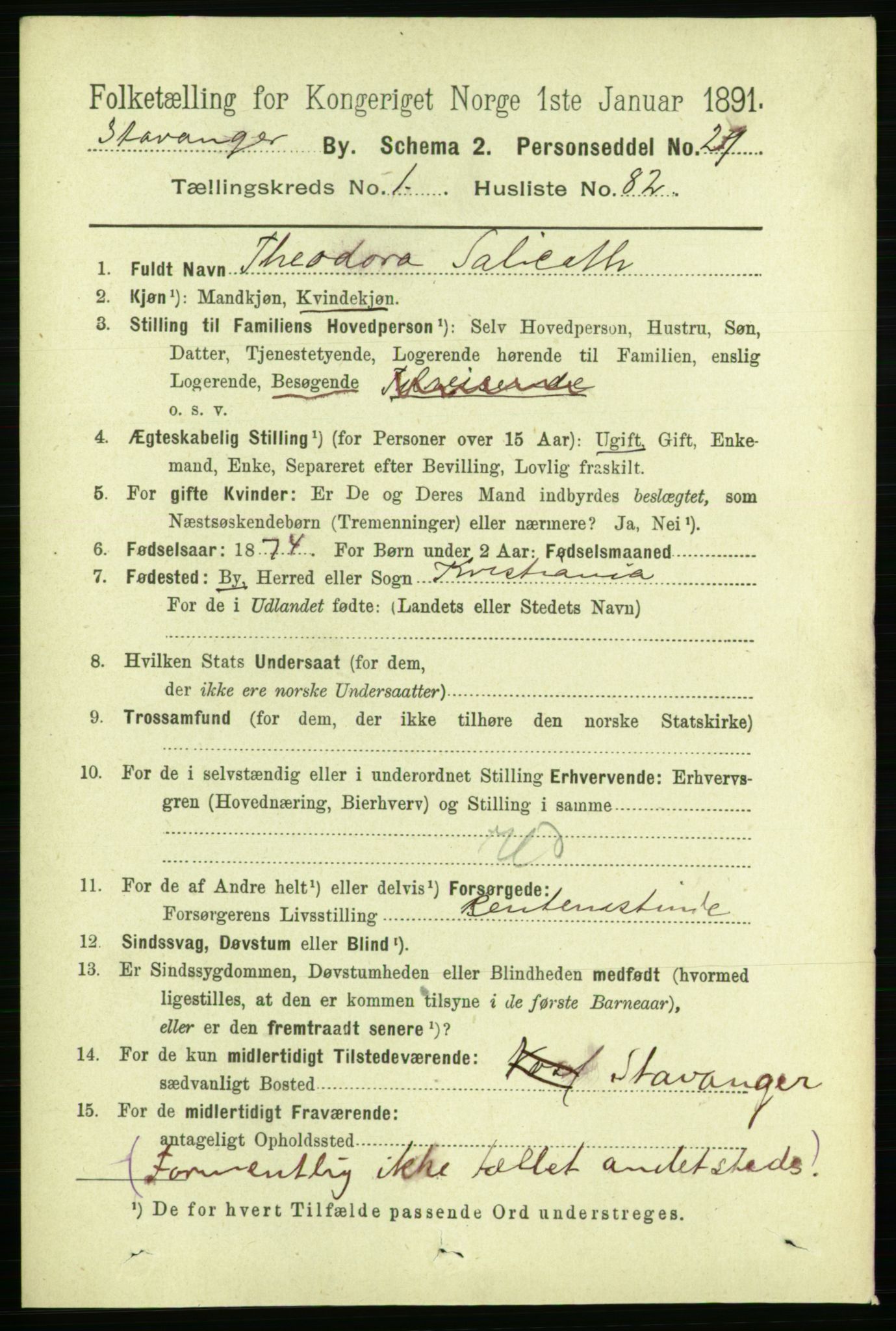 RA, 1891 census for 1103 Stavanger, 1891, p. 5922