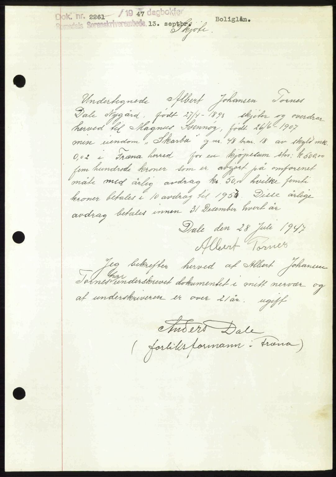 Romsdal sorenskriveri, SAT/A-4149/1/2/2C: Mortgage book no. A24, 1947-1947, Diary no: : 2261/1947