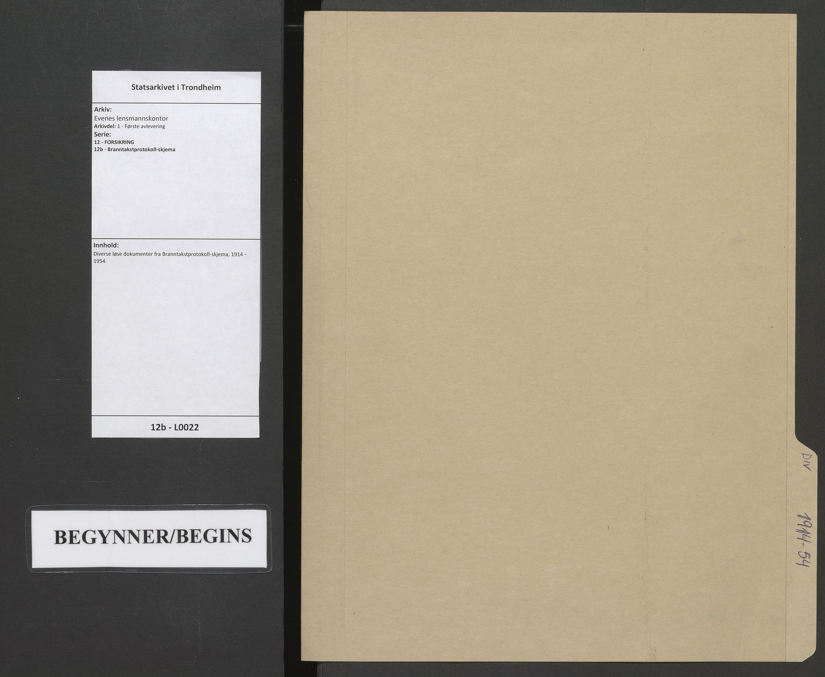 Evenes lensmannskontor, SAT/A-5684/1/12/12b/L0022: Diverse løse dokumenter fra Branntakstprotokoll-skjema, 1914-1954