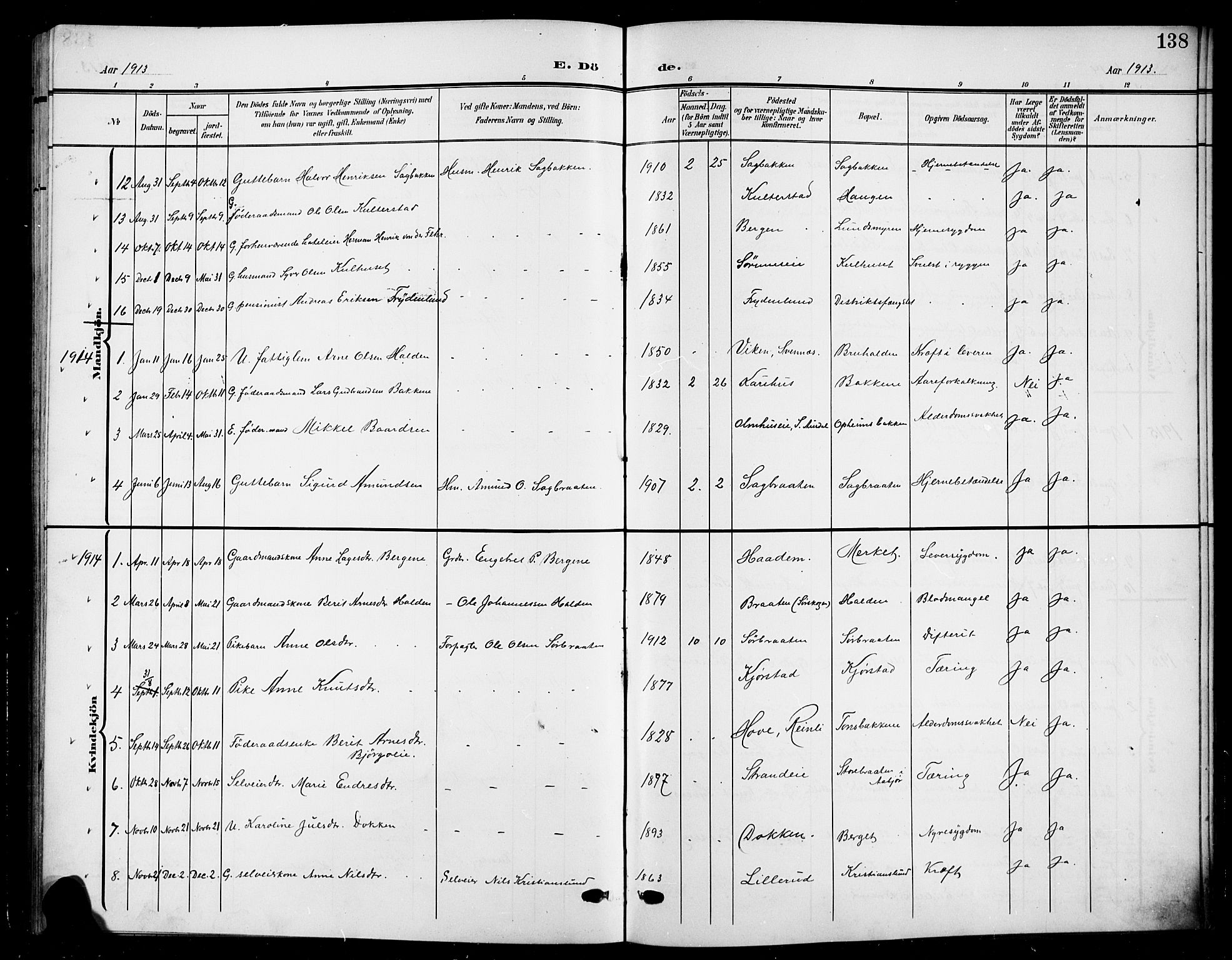 Nord-Aurdal prestekontor, SAH/PREST-132/H/Ha/Hab/L0012: Parish register (copy) no. 12, 1907-1920, p. 138