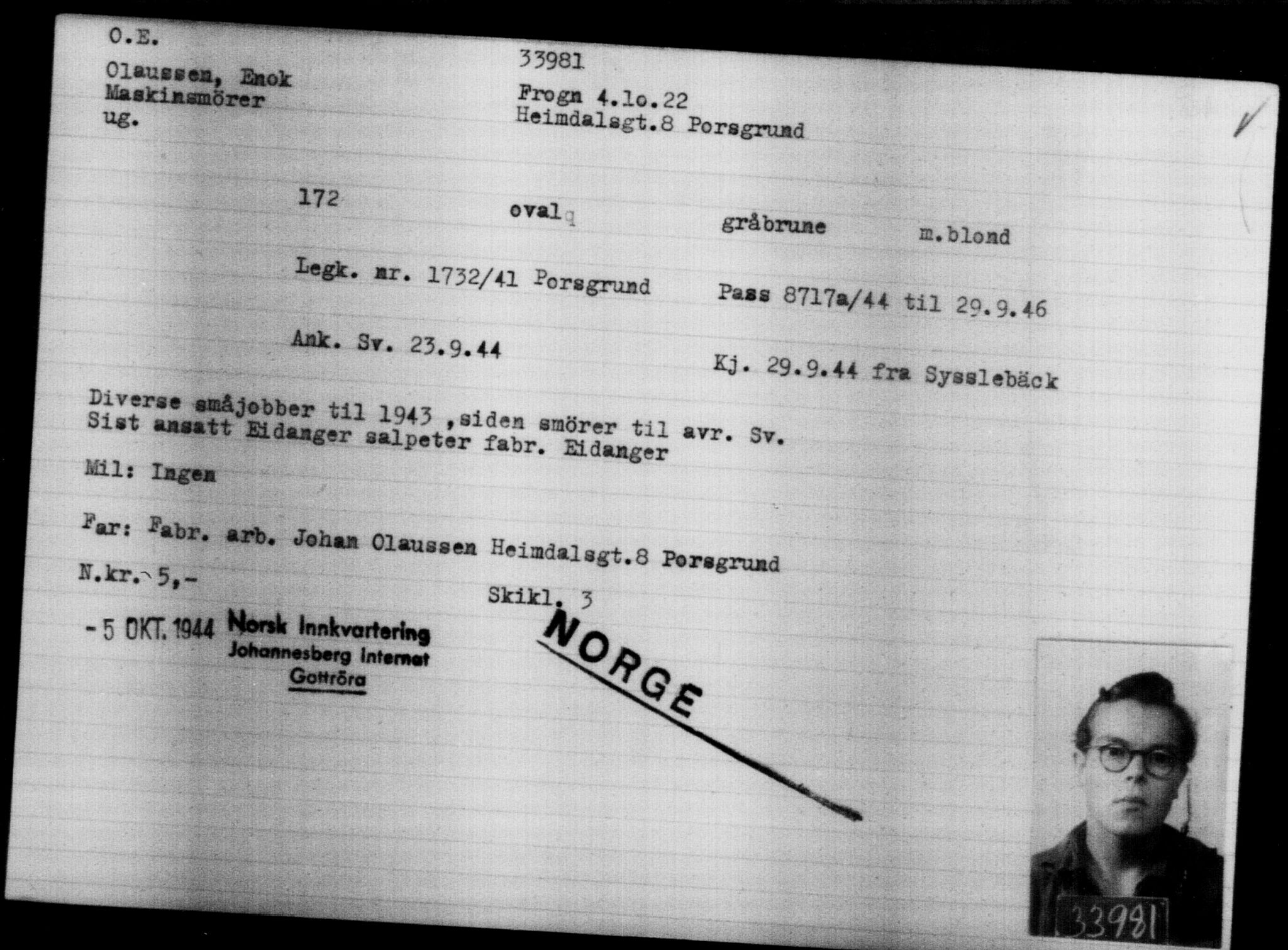 Utenriksstasjonene, Legasjonen i Stockholm, Flyktningkontoret, AV/RA-S-6753/V/Va/L0013: Kjesäterkartoteket, flyktninger med registreringsnr. 31500-34731, 1940-1945, p. 2621