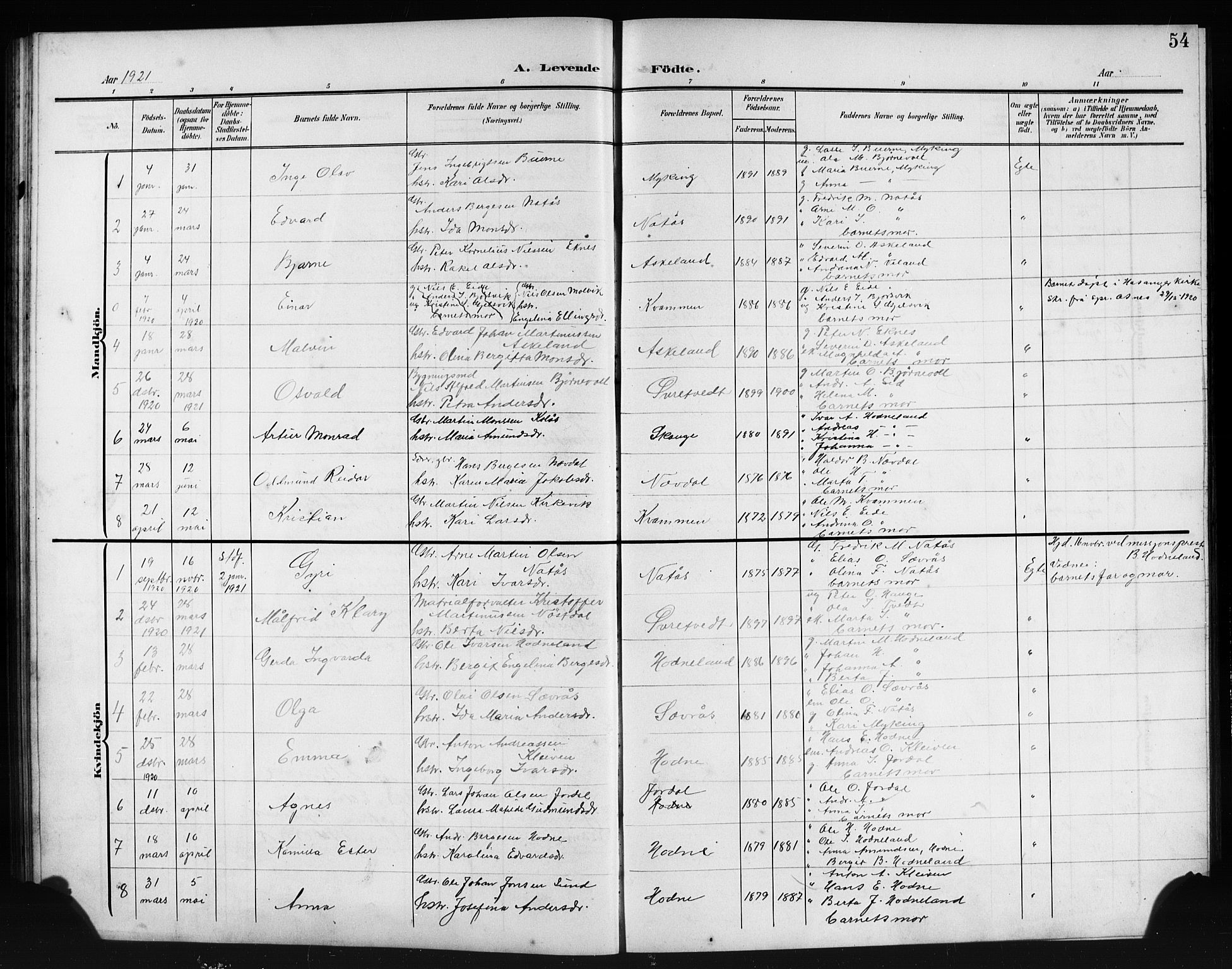 Lindås Sokneprestembete, SAB/A-76701/H/Hab: Parish register (copy) no. E 4, 1906-1921, p. 54
