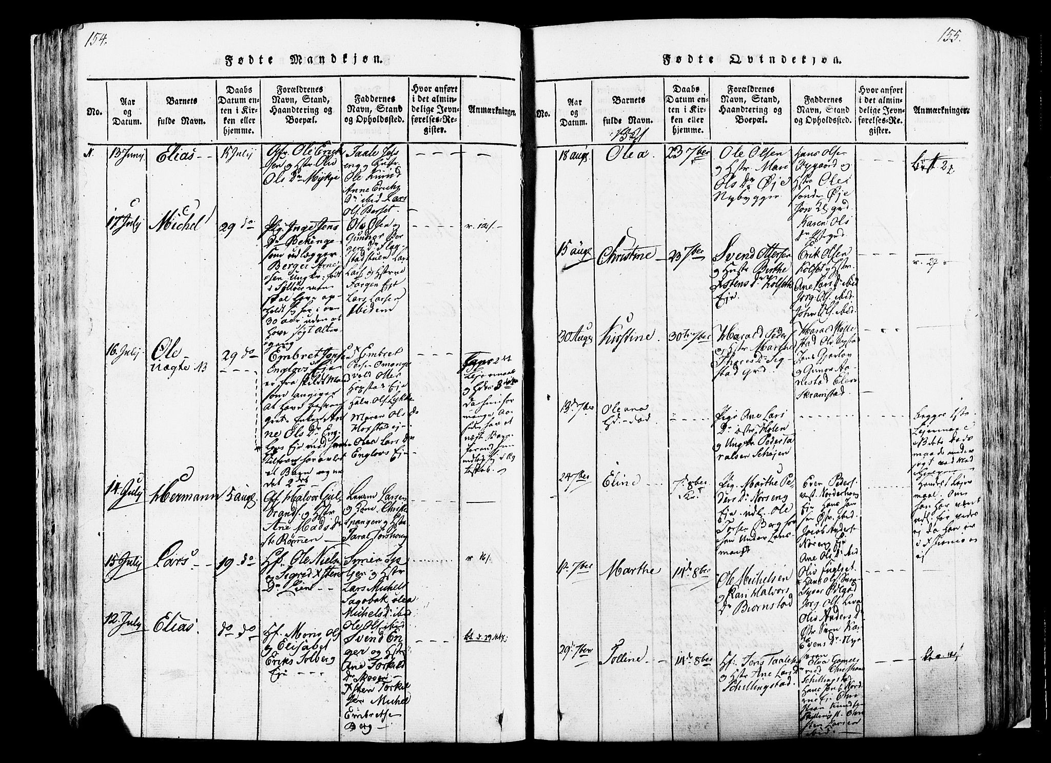 Løten prestekontor, SAH/PREST-022/K/Ka/L0005: Parish register (official) no. 5, 1814-1832, p. 154-155