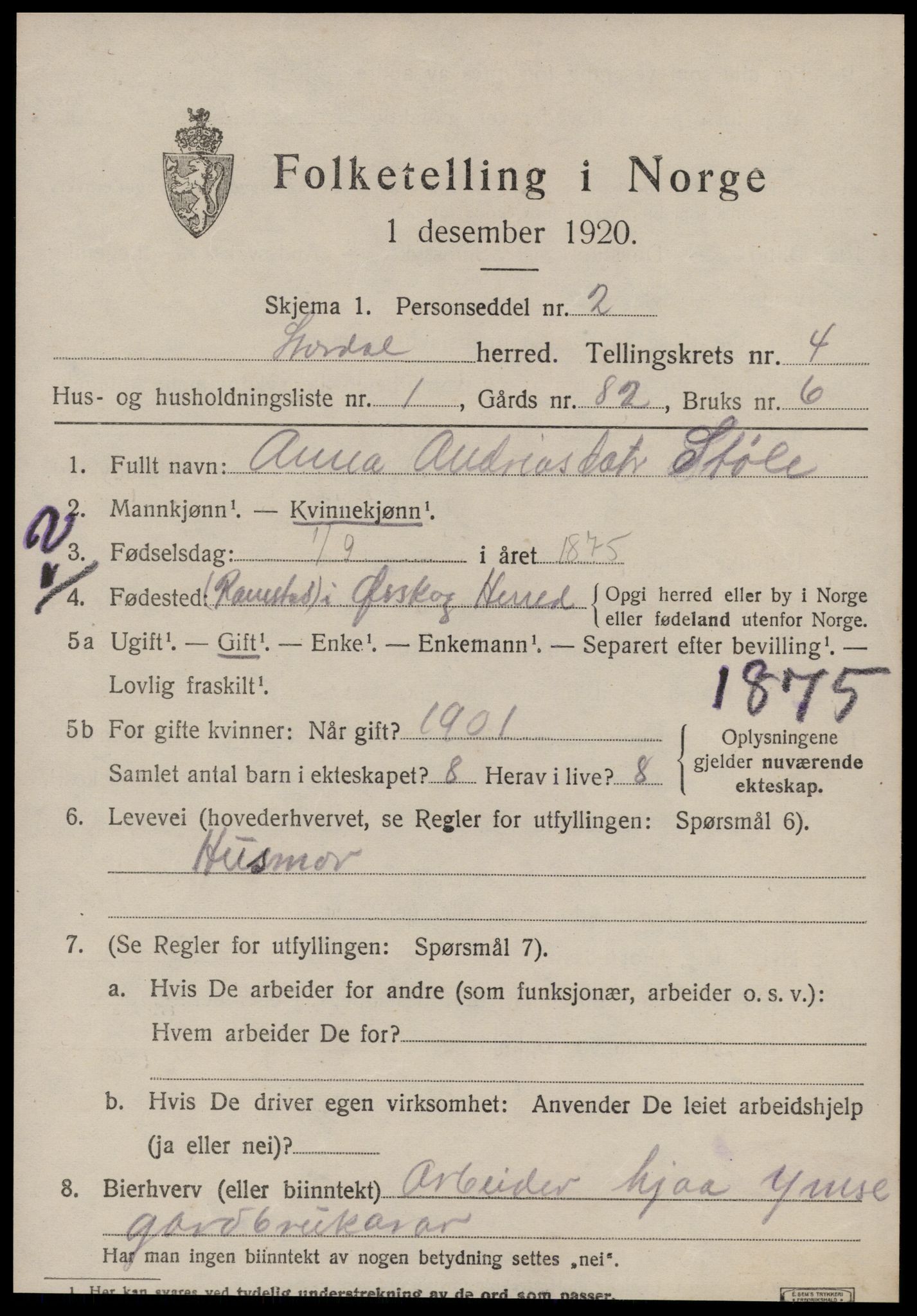 SAT, 1920 census for Stordal, 1920, p. 1232