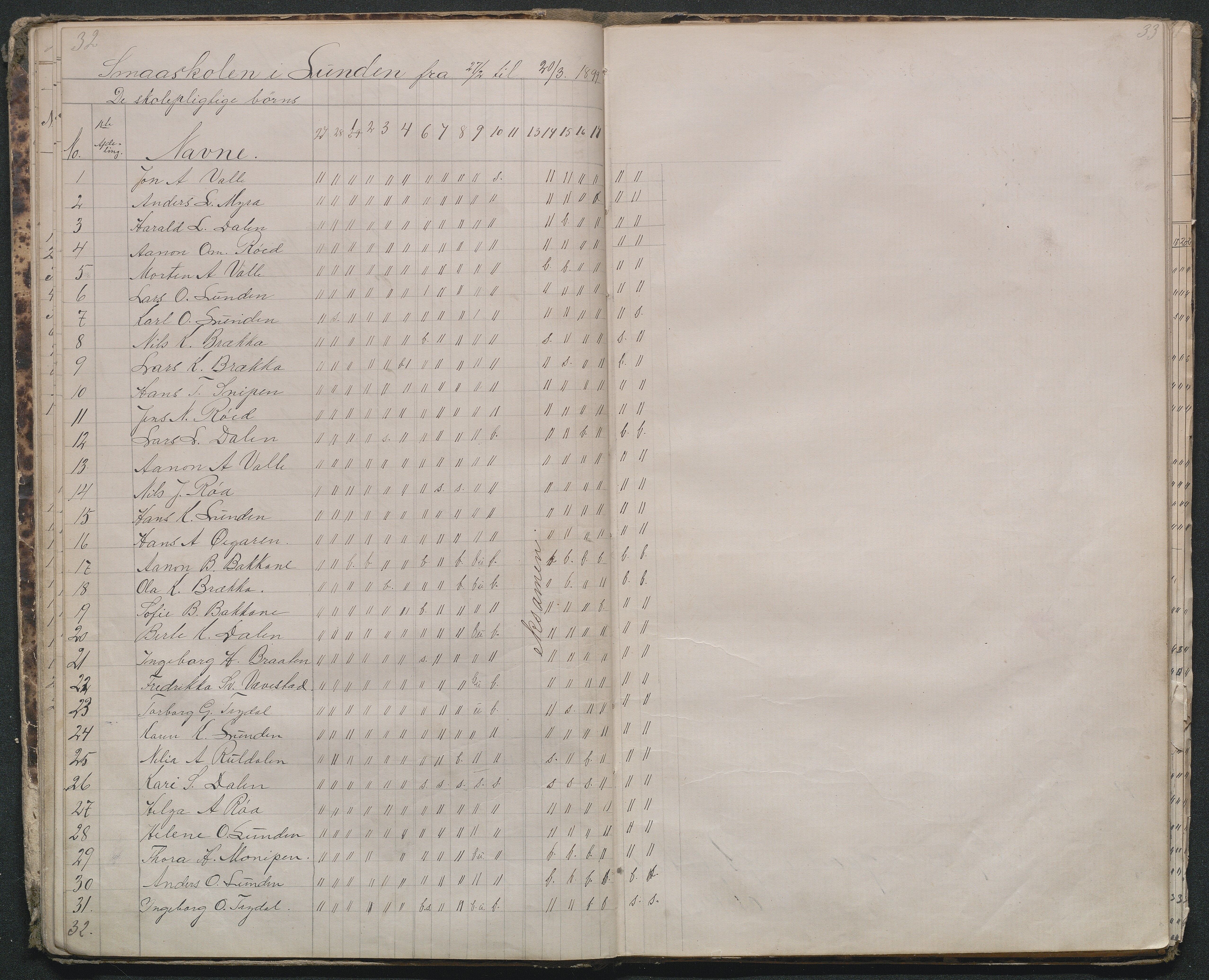 Gjerstad Kommune, Lunden Skole, AAMA/KA0911-550b/F01/L0001: Dagbok, 1888-1912, p. 32-33