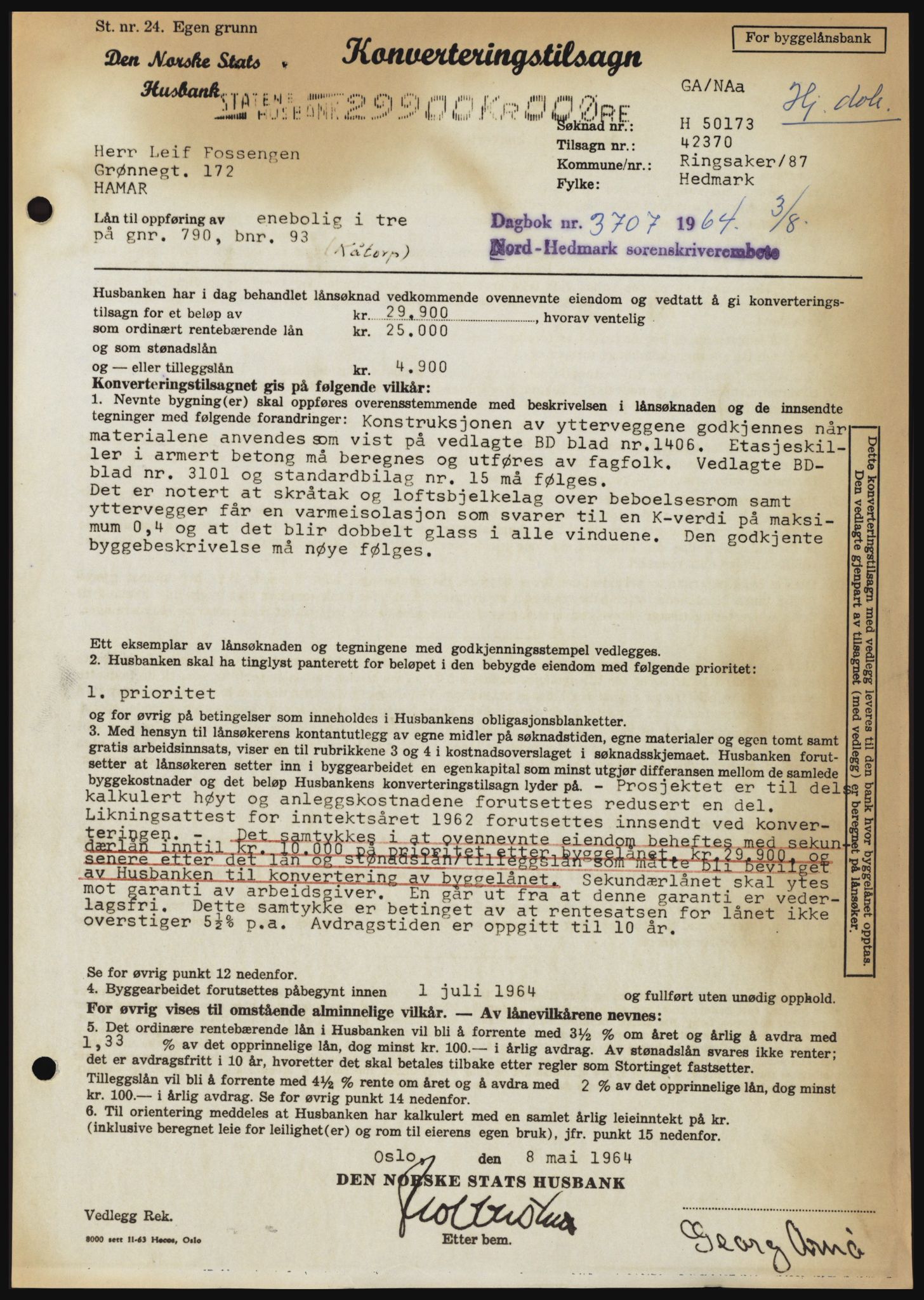 Nord-Hedmark sorenskriveri, SAH/TING-012/H/Hc/L0020: Mortgage book no. 20, 1964-1964, Diary no: : 3707/1964