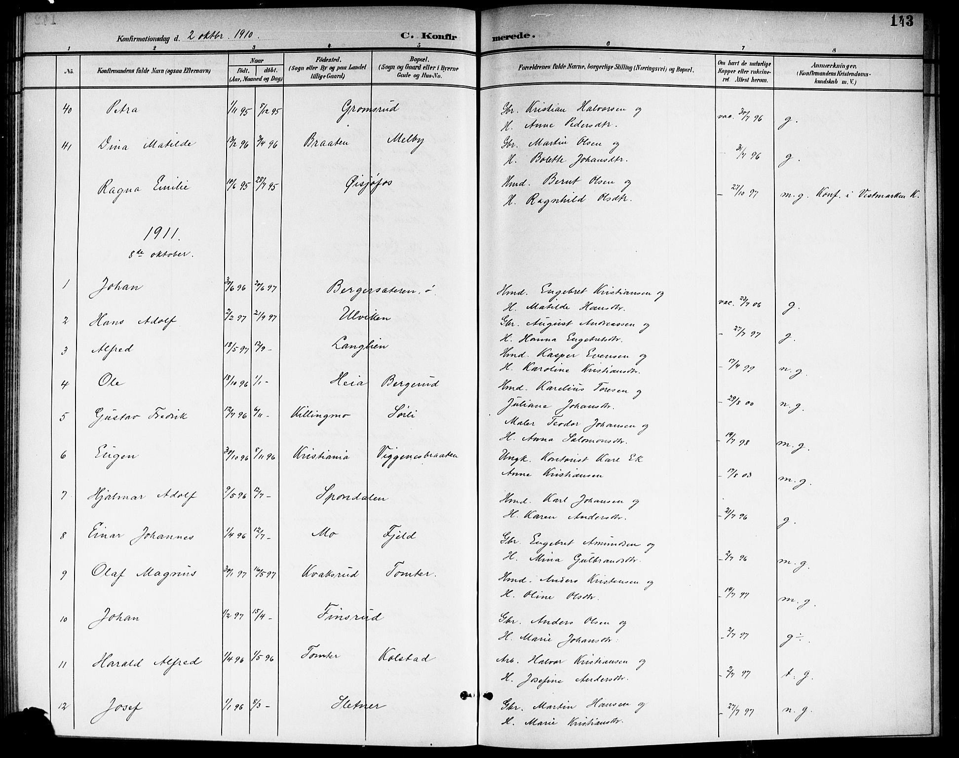 Aurskog prestekontor Kirkebøker, SAO/A-10304a/G/Ga/L0004: Parish register (copy) no. I 4, 1901-1921, p. 143