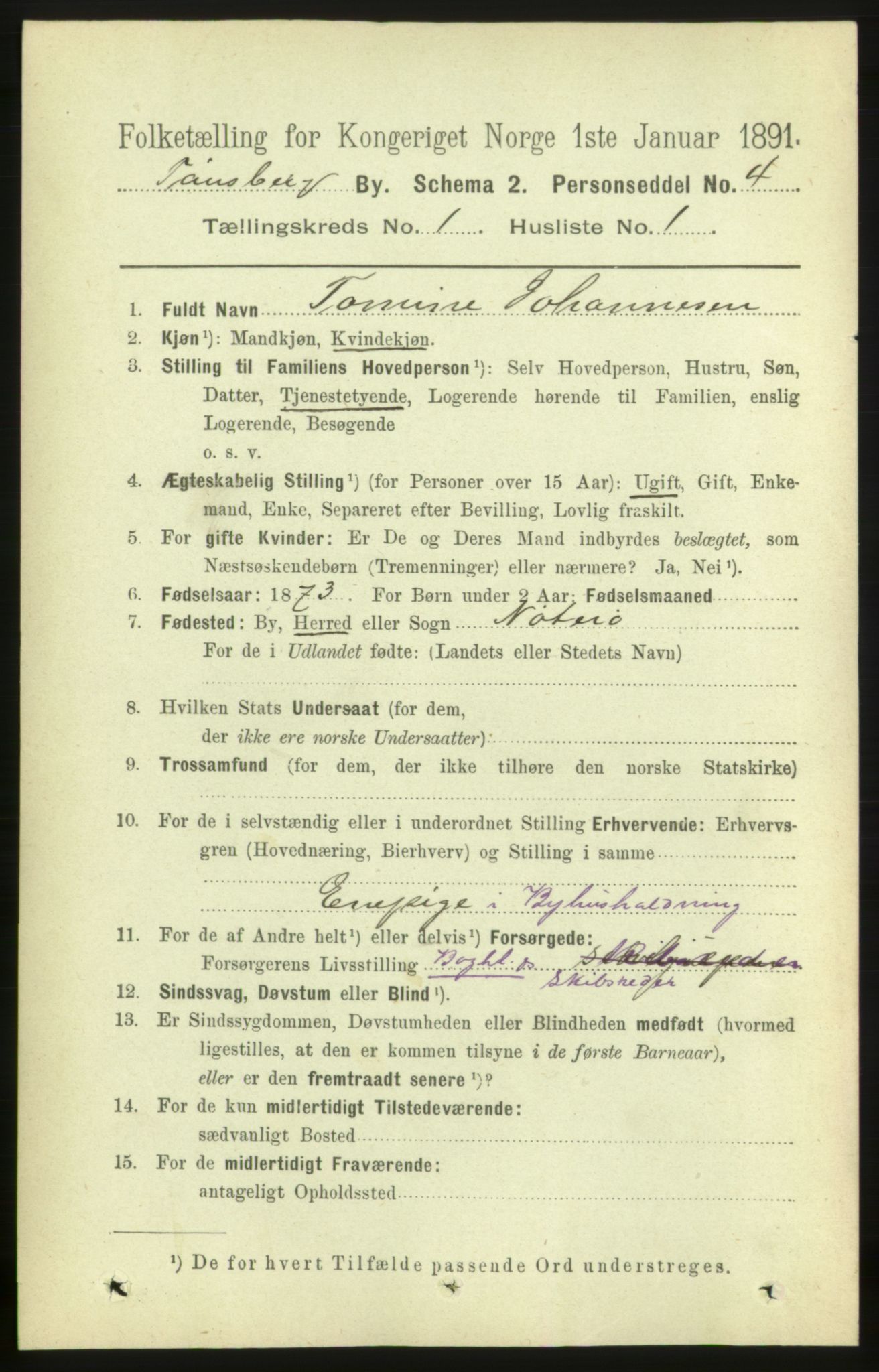 RA, 1891 census for 0705 Tønsberg, 1891, p. 1168