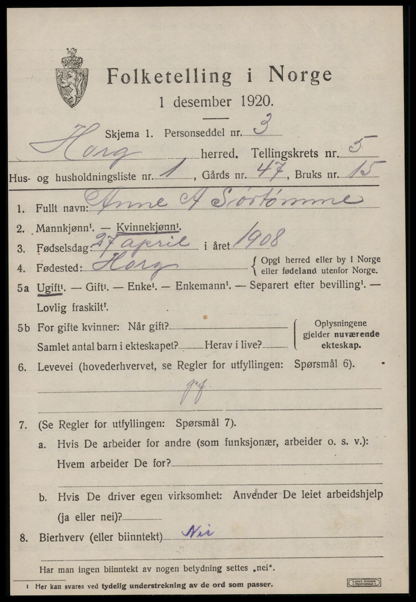 SAT, 1920 census for Horg, 1920, p. 3586