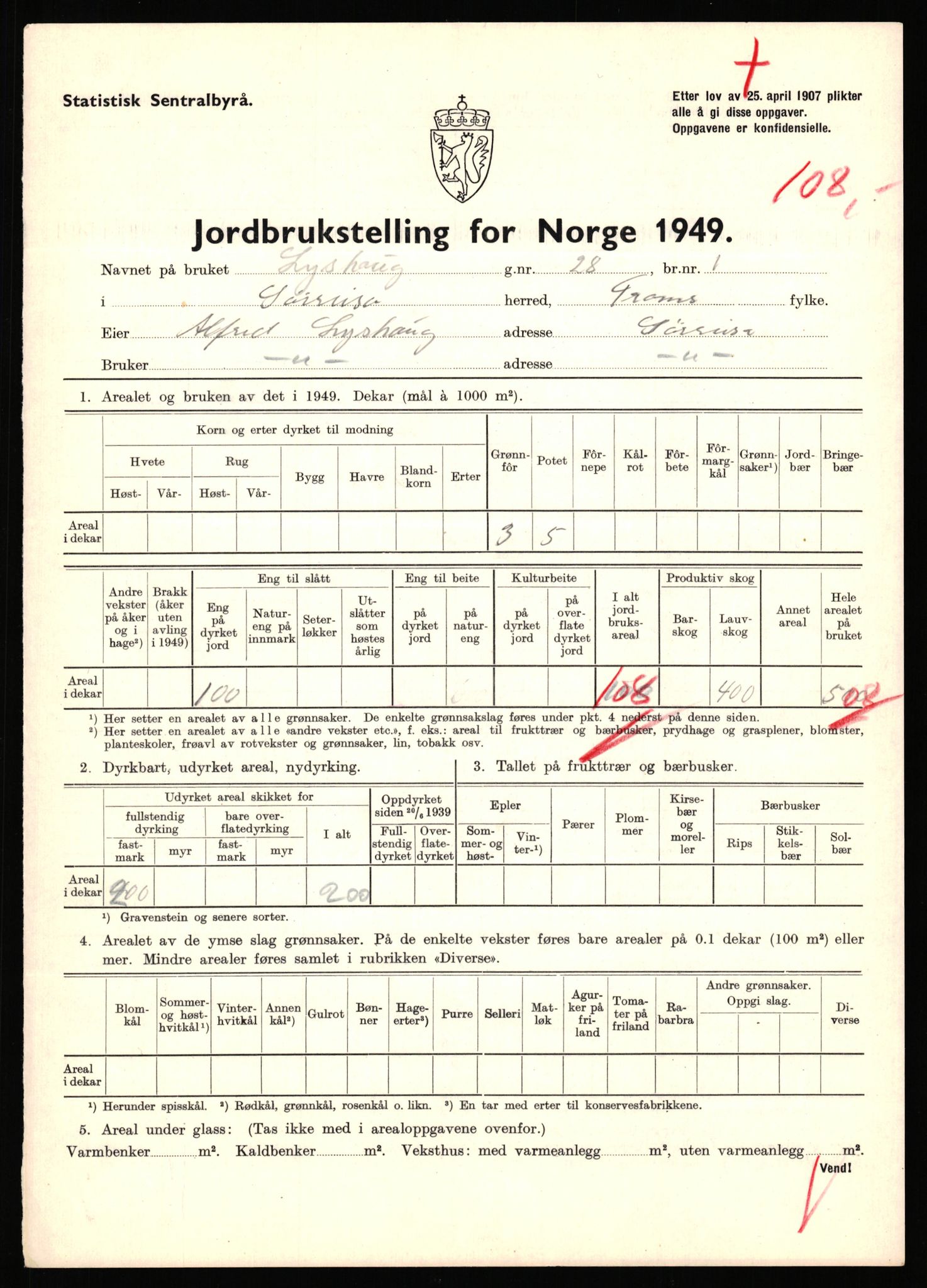 Statistisk sentralbyrå, Næringsøkonomiske emner, Jordbruk, skogbruk, jakt, fiske og fangst, AV/RA-S-2234/G/Gc/L0440: Troms: Sørreisa og Dyrøy, 1949, p. 850