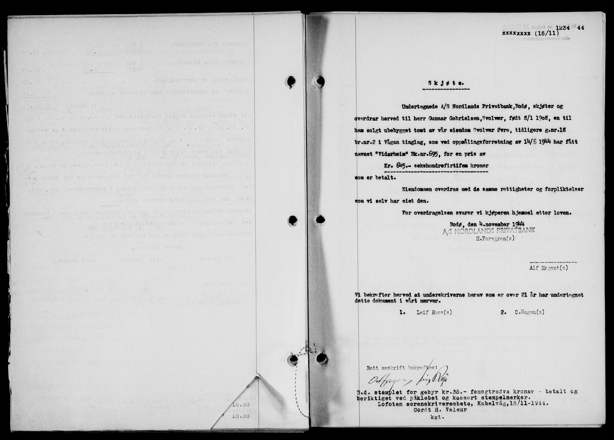 Lofoten sorenskriveri, SAT/A-0017/1/2/2C/L0012a: Mortgage book no. 12a, 1943-1944, Diary no: : 1234/1944