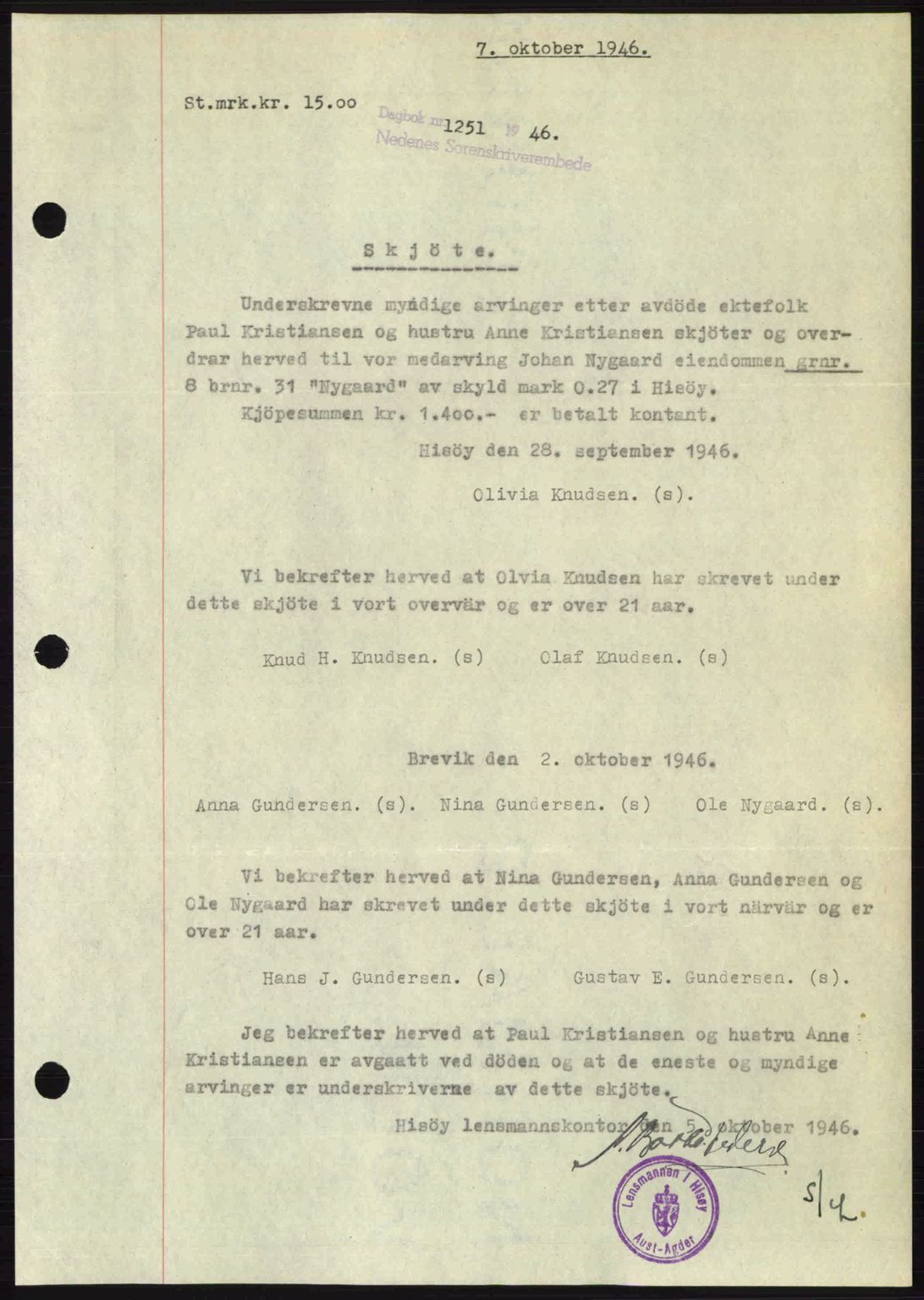 Nedenes sorenskriveri, SAK/1221-0006/G/Gb/Gba/L0056: Mortgage book no. A8, 1946-1947, Diary no: : 1251/1946
