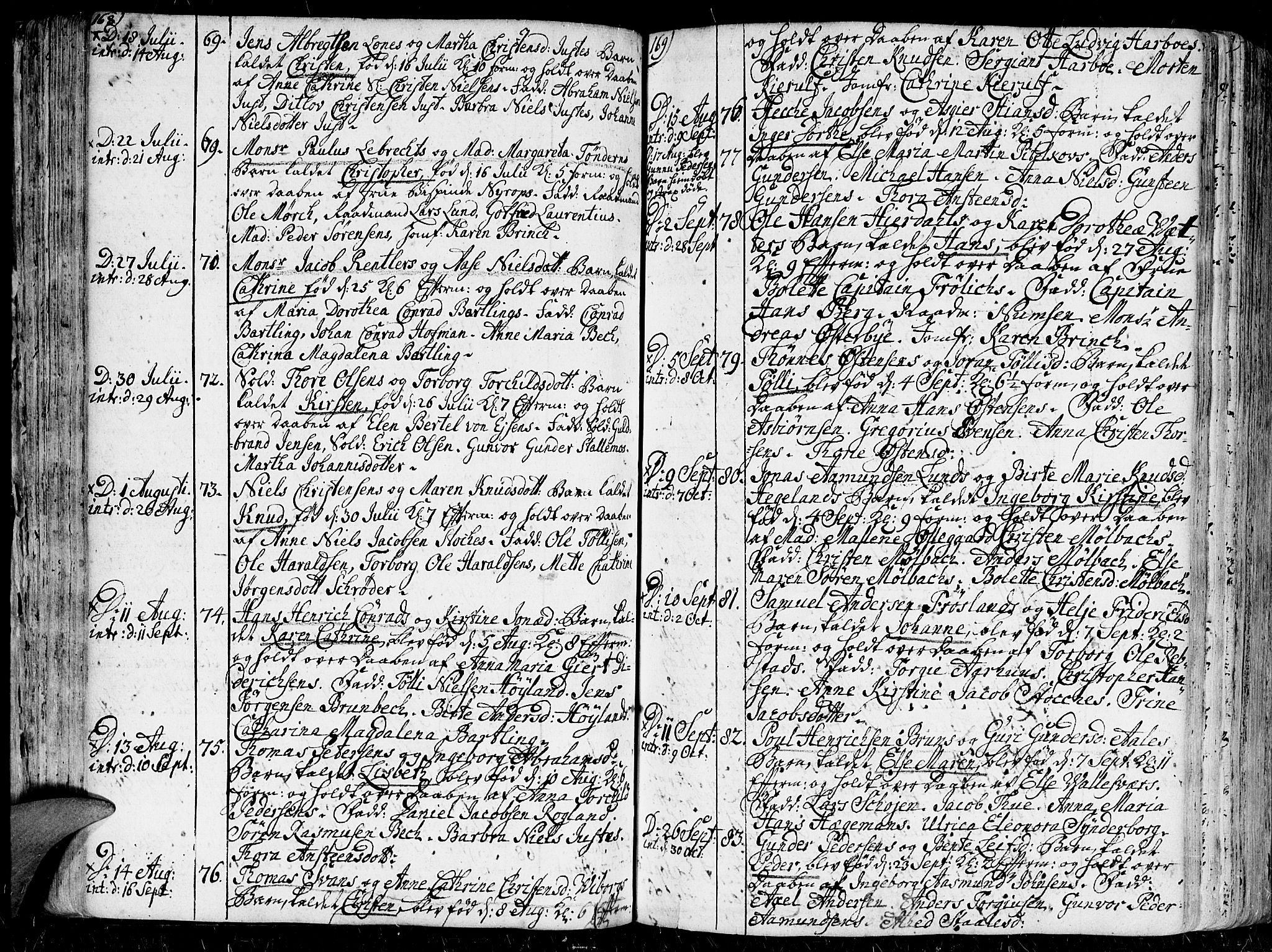 Kristiansand domprosti, AV/SAK-1112-0006/F/Fa/L0001: Parish register (official) no. A 1, 1734-1793, p. 168-169