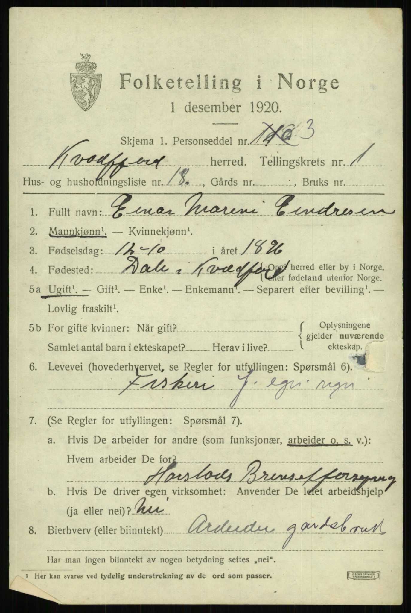 SATØ, 1920 census for Kvæfjord, 1920, p. 1393