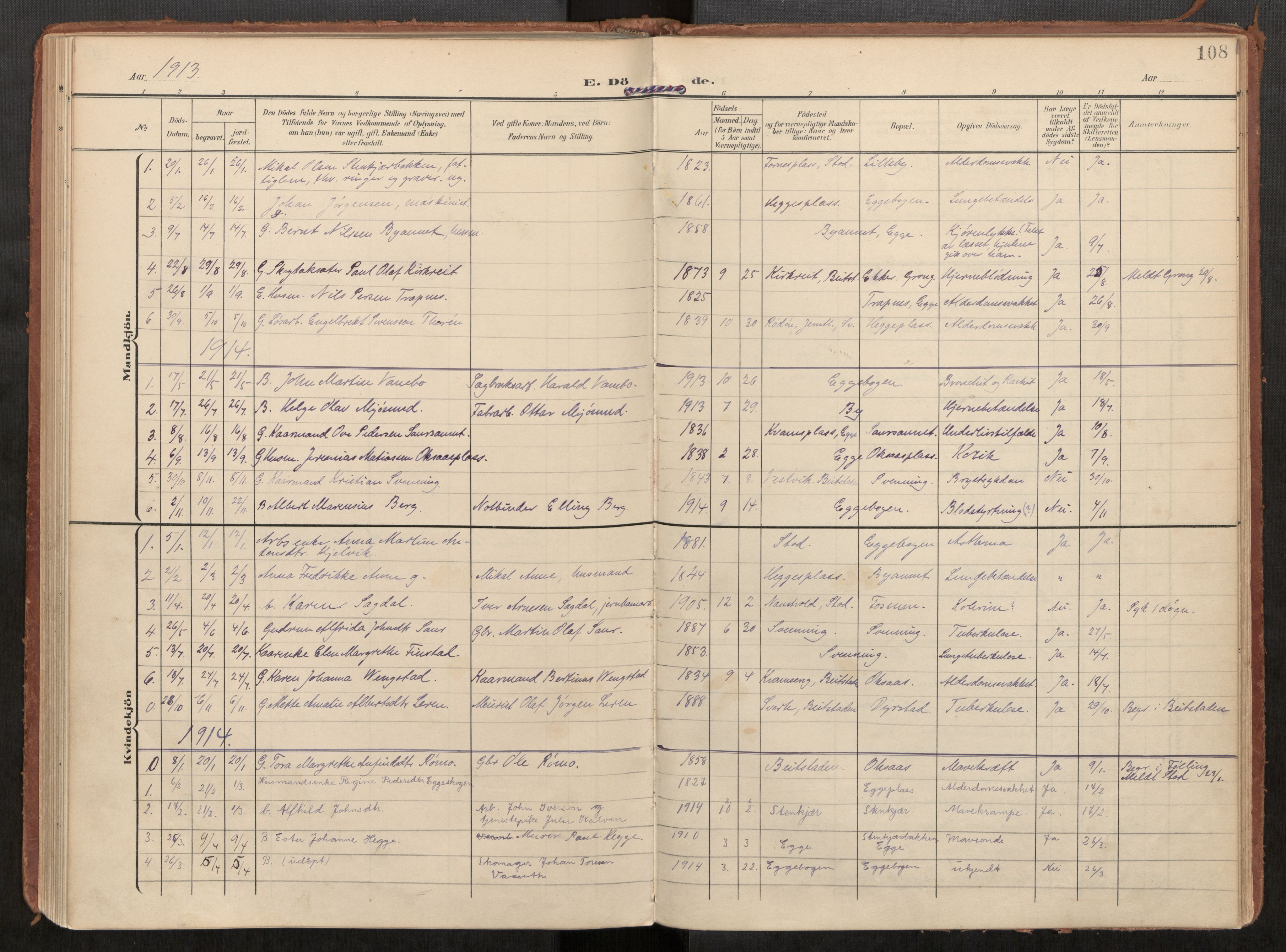 Steinkjer sokneprestkontor, SAT/A-1541/01/H/Ha/Haa/L0002: Parish register (official) no. 2, 1907-1917, p. 108