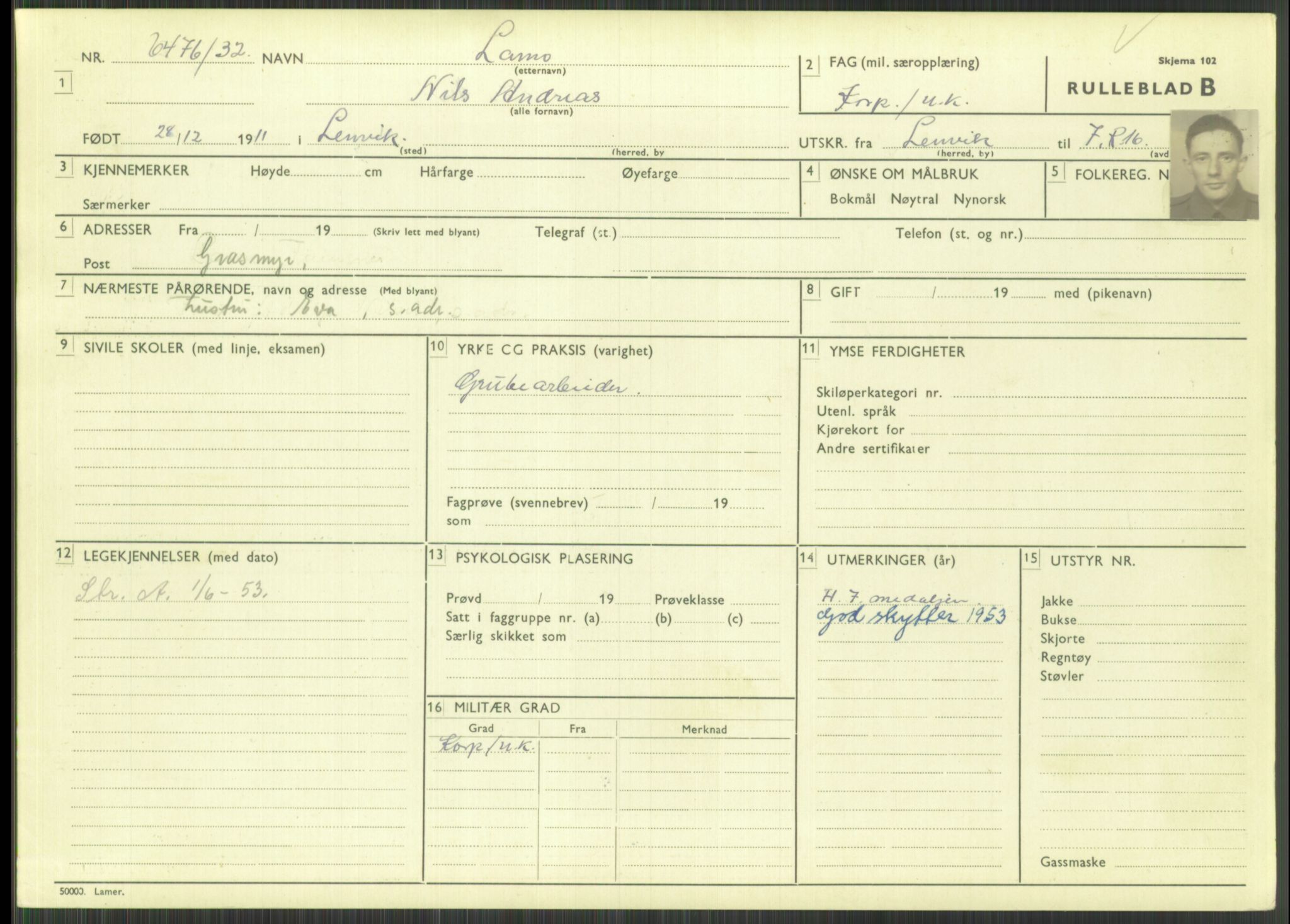 Forsvaret, Troms infanteriregiment nr. 16, AV/RA-RAFA-3146/P/Pa/L0016: Rulleblad for regimentets menige mannskaper, årsklasse 1932, 1932, p. 917