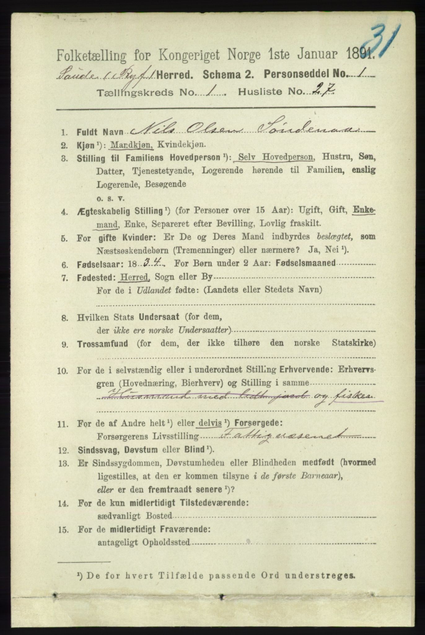 RA, 1891 census for 1135 Sauda, 1891, p. 229