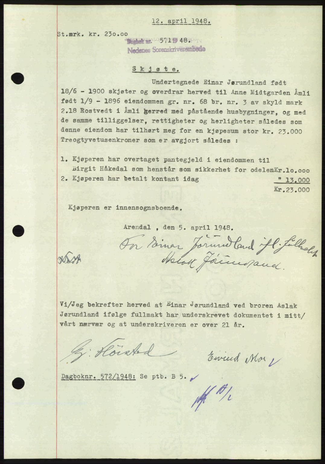 Nedenes sorenskriveri, SAK/1221-0006/G/Gb/Gba/L0059: Mortgage book no. A11, 1948-1948, Diary no: : 571/1948