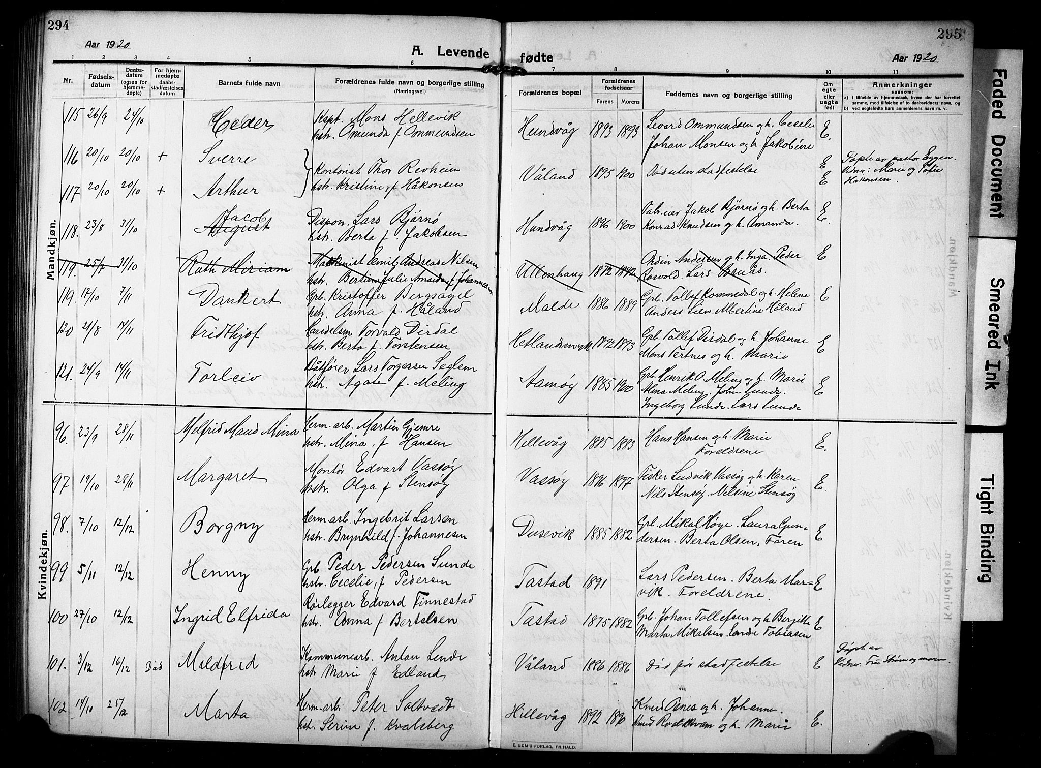 Hetland sokneprestkontor, SAST/A-101826/30/30BB/L0008: Parish register (copy) no. B 8, 1910-1921, p. 294-295