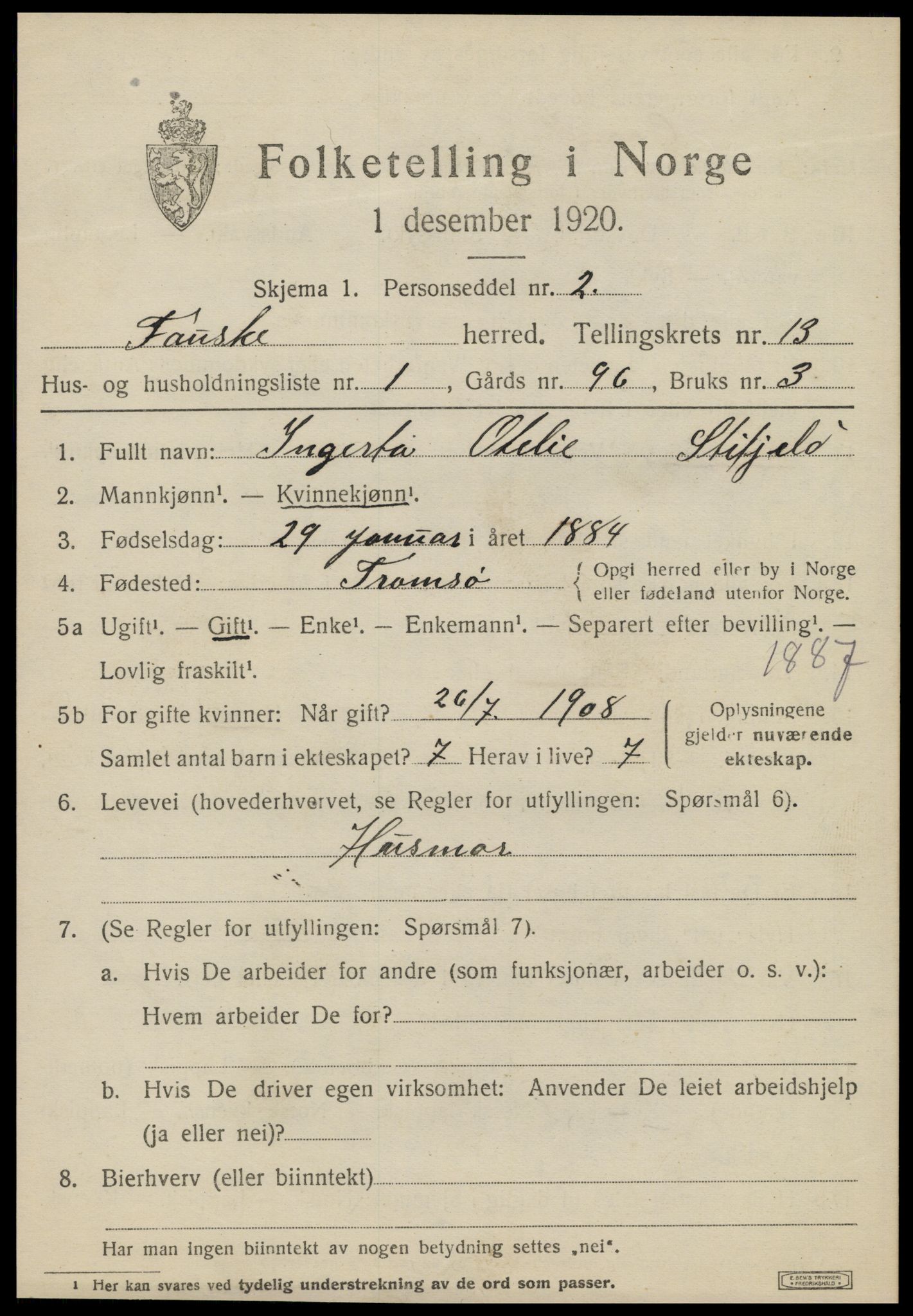 SAT, 1920 census for Fauske, 1920, p. 8362