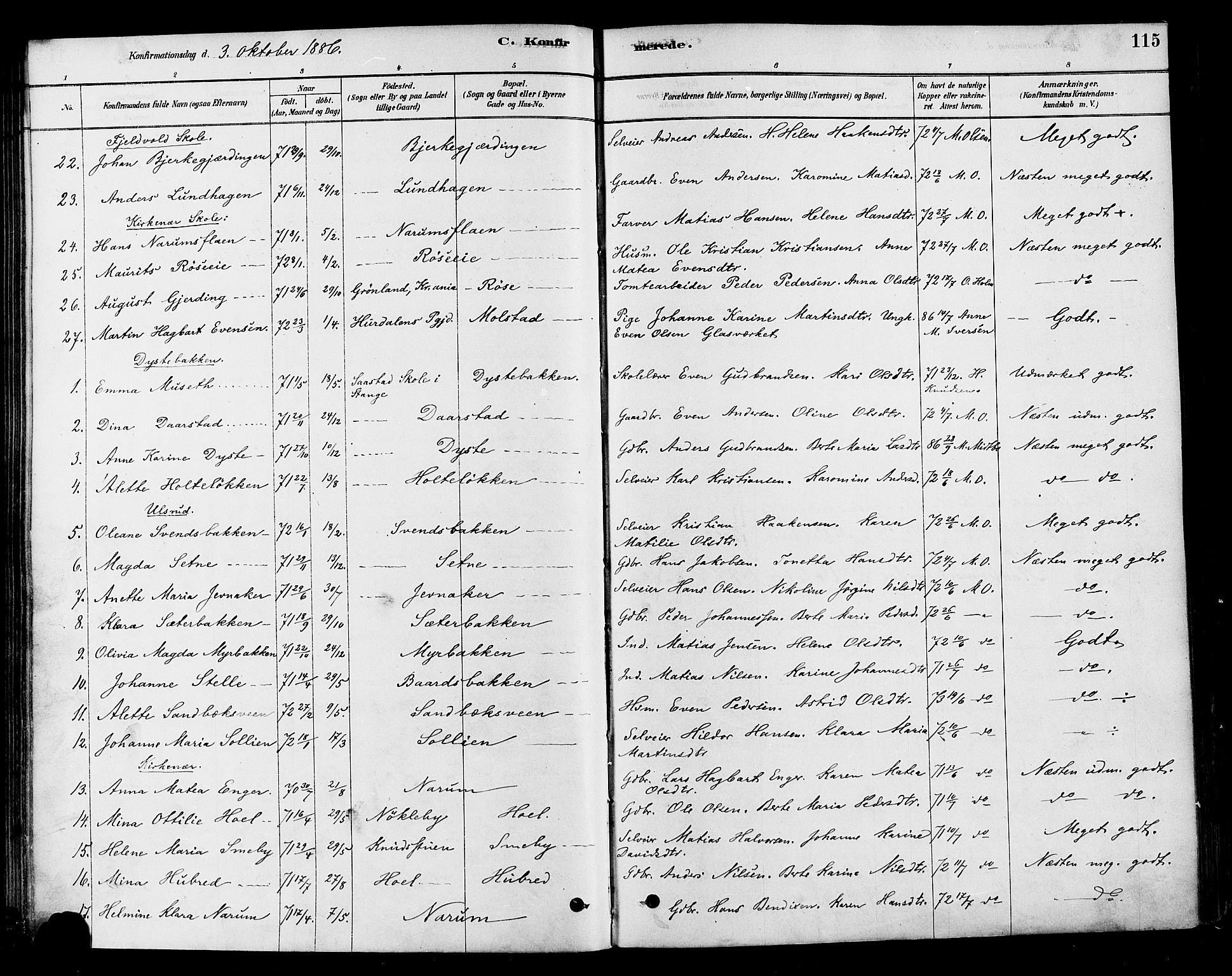 Vestre Toten prestekontor, SAH/PREST-108/H/Ha/Haa/L0010: Parish register (official) no. 10, 1878-1894, p. 115