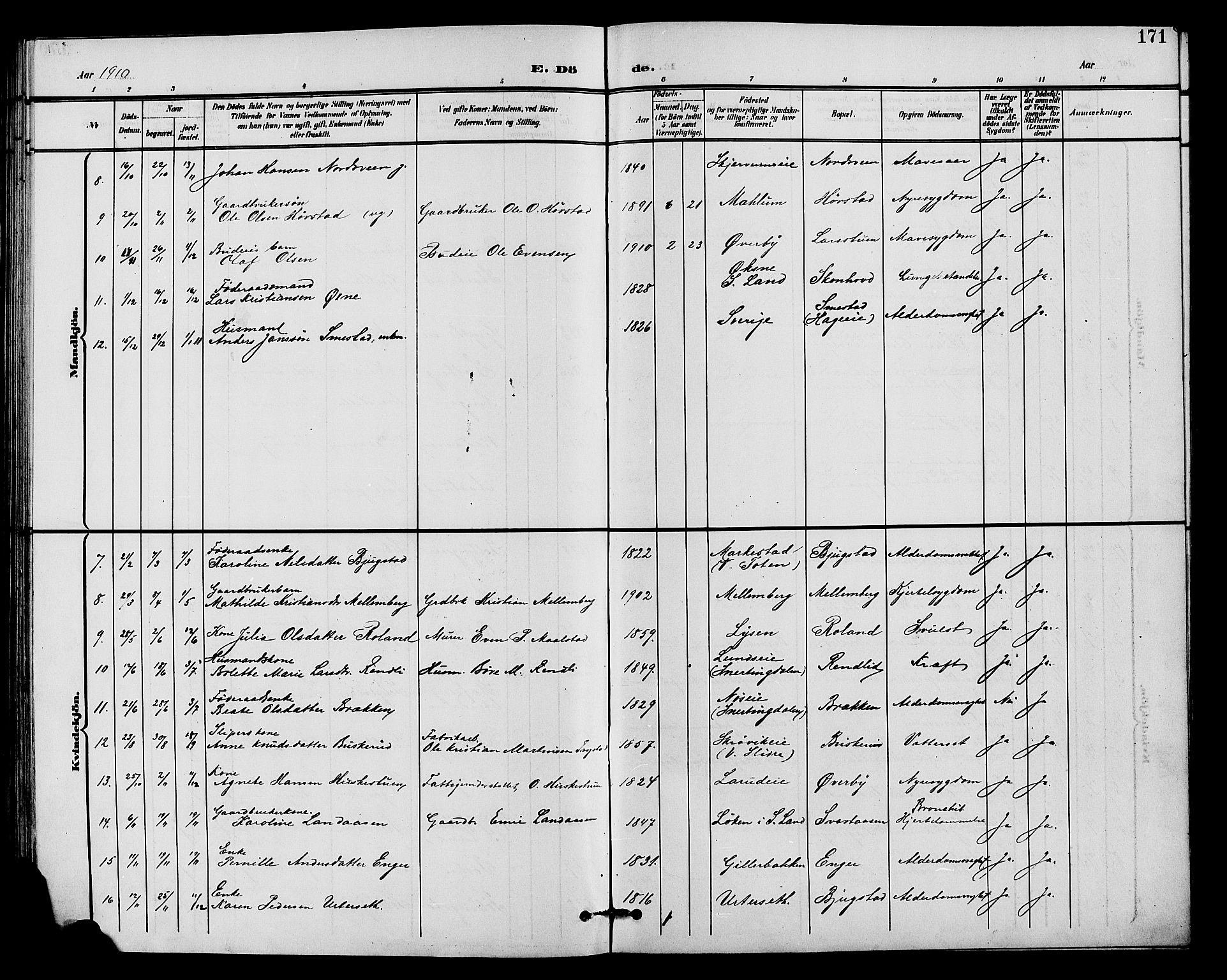 Vardal prestekontor, SAH/PREST-100/H/Ha/Hab/L0011: Parish register (copy) no. 11, 1899-1913, p. 171