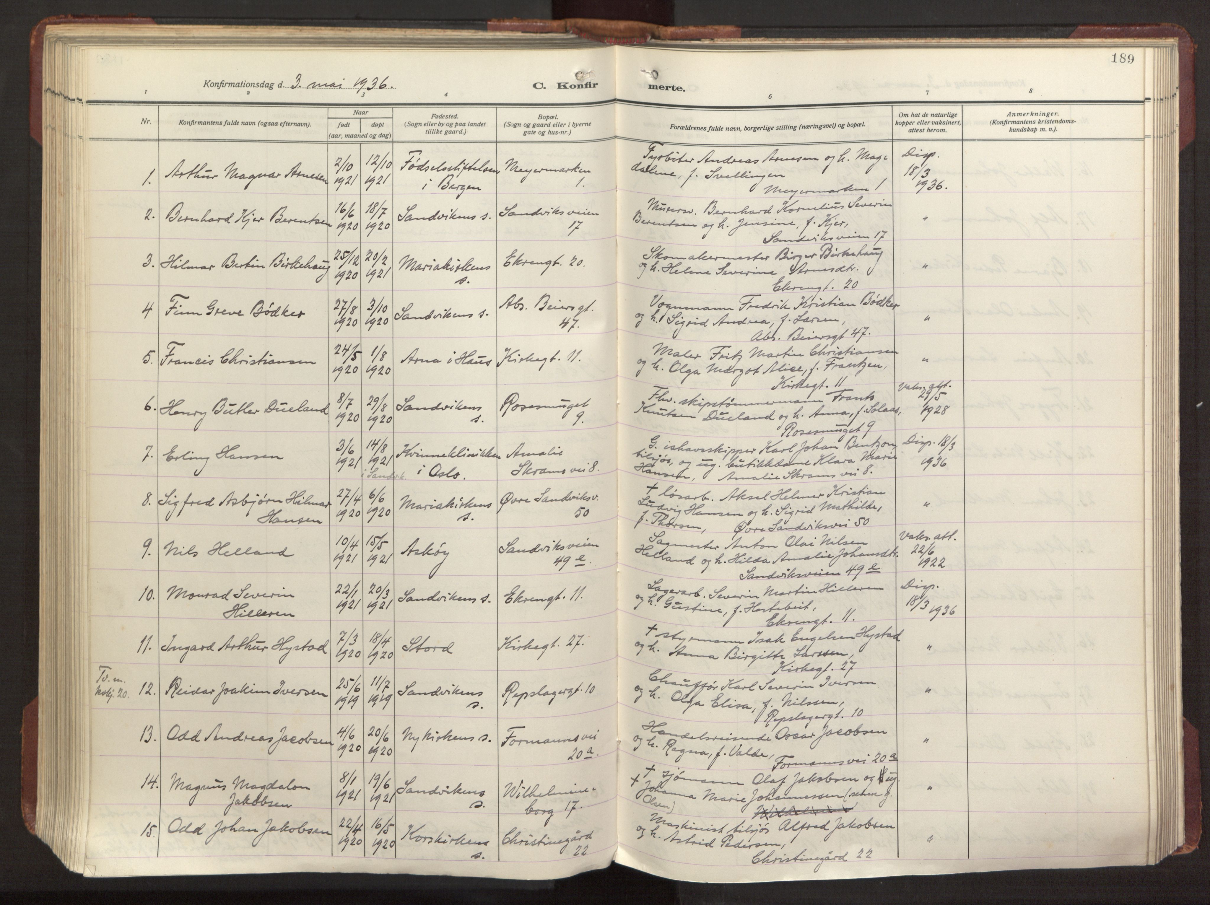 Sandviken Sokneprestembete, AV/SAB-A-77601/H/Ha/L0013: Parish register (official) no. C 4, 1926-1943, p. 189