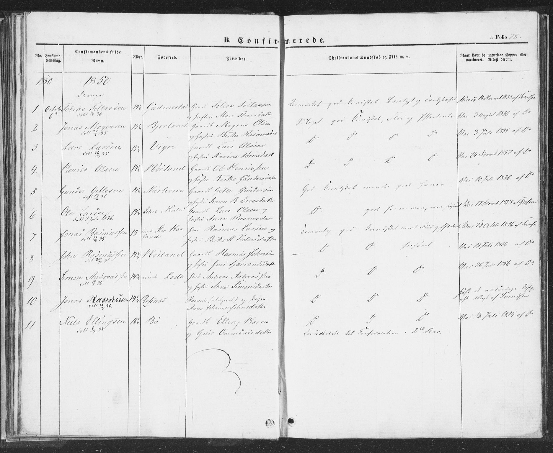 Hå sokneprestkontor, SAST/A-101801/001/30BA/L0006: Parish register (official) no. A 5, 1842-1853, p. 78