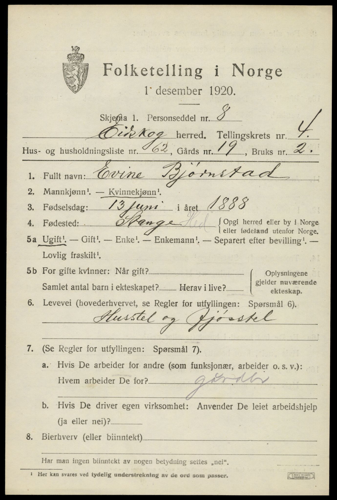 SAH, 1920 census for Eidskog, 1920, p. 5487