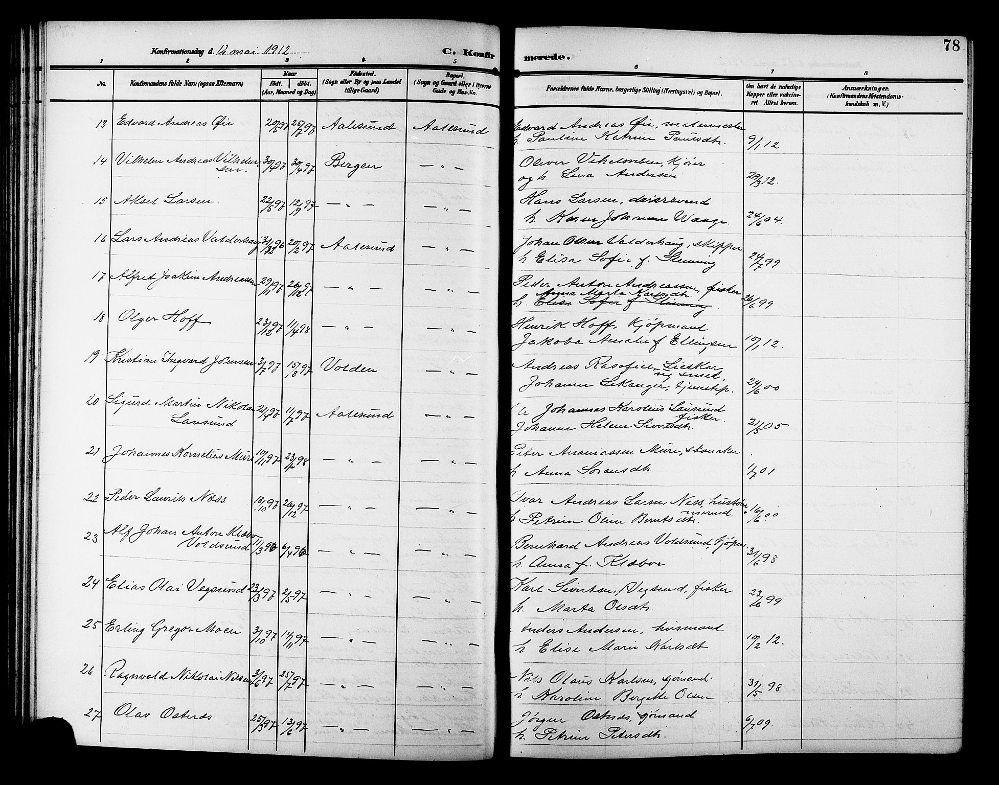 Ministerialprotokoller, klokkerbøker og fødselsregistre - Møre og Romsdal, AV/SAT-A-1454/529/L0470: Parish register (copy) no. 529C07, 1907-1917, p. 78