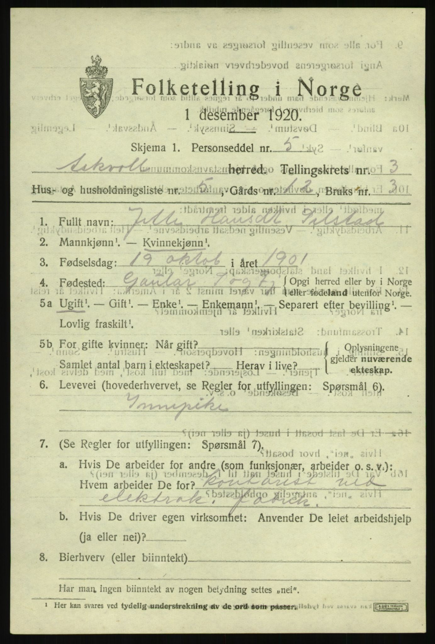 SAB, 1920 census for Askvoll, 1920, p. 2158